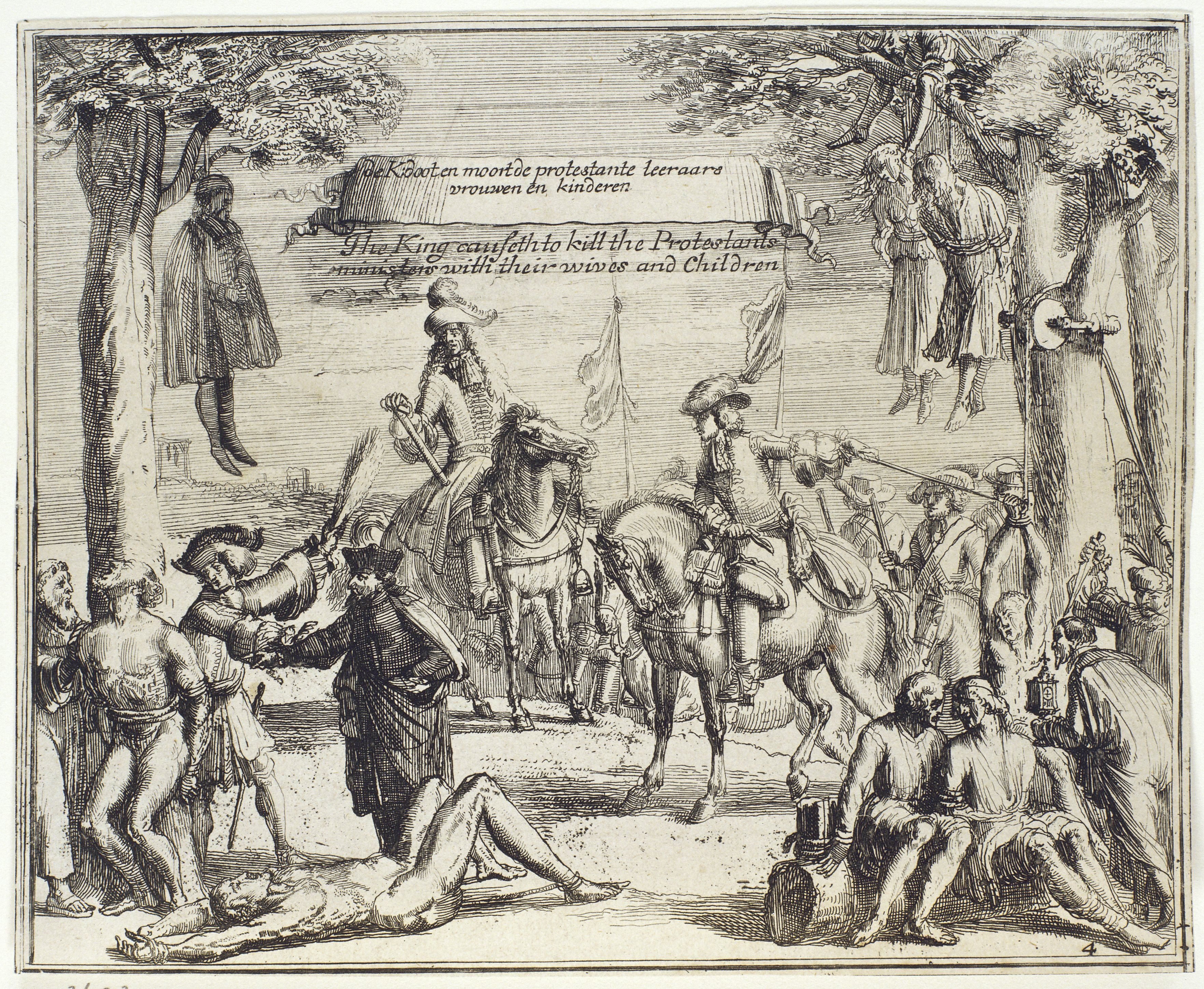 De Koning doot en moort de protestante leeraars vrouwen en kinderen. The King causeth to kill the Protestants ministers with their wives and children
