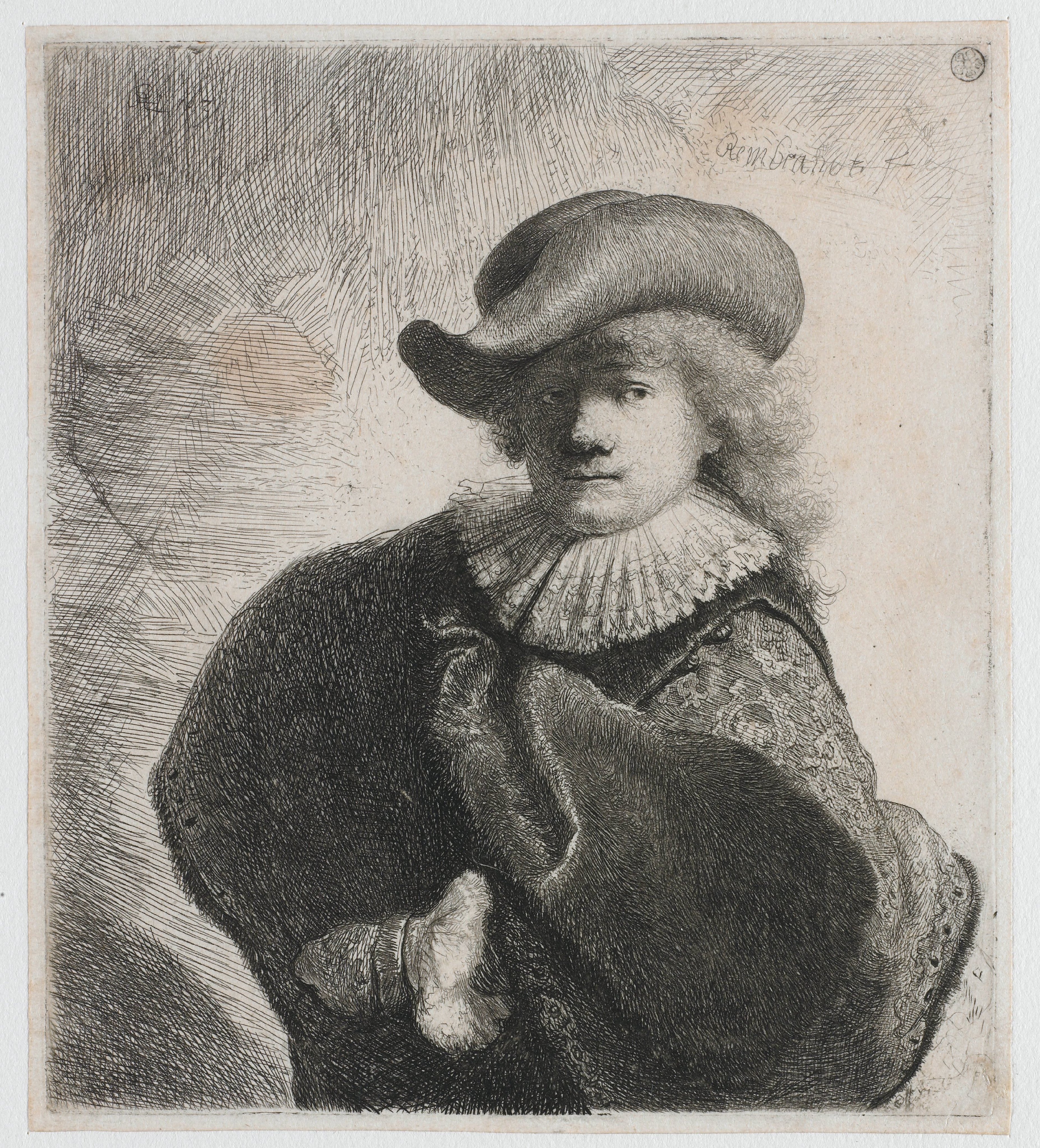 Self-portrait in a soft hat and a patterned cloak