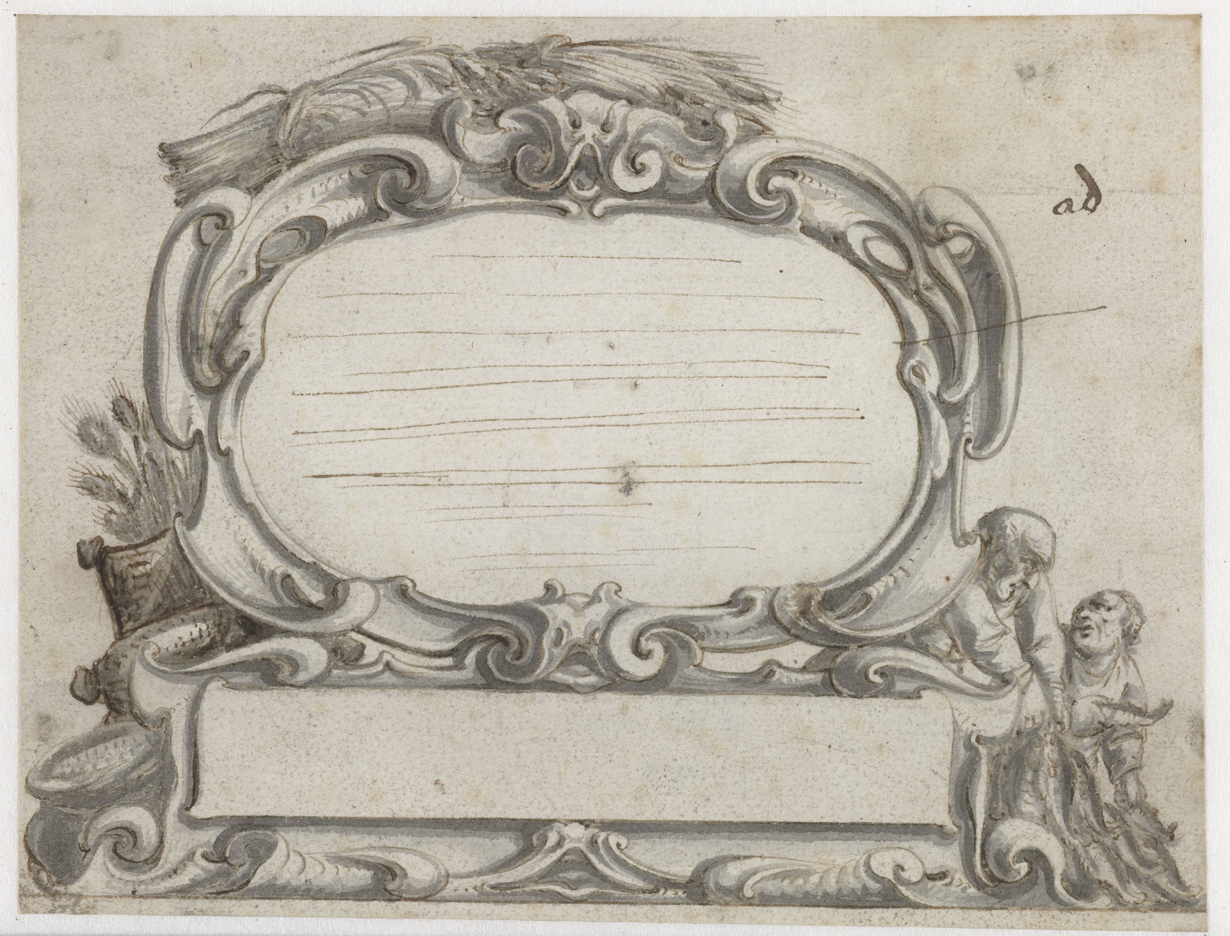 Cartouche met twee mannen die vis sorteren
