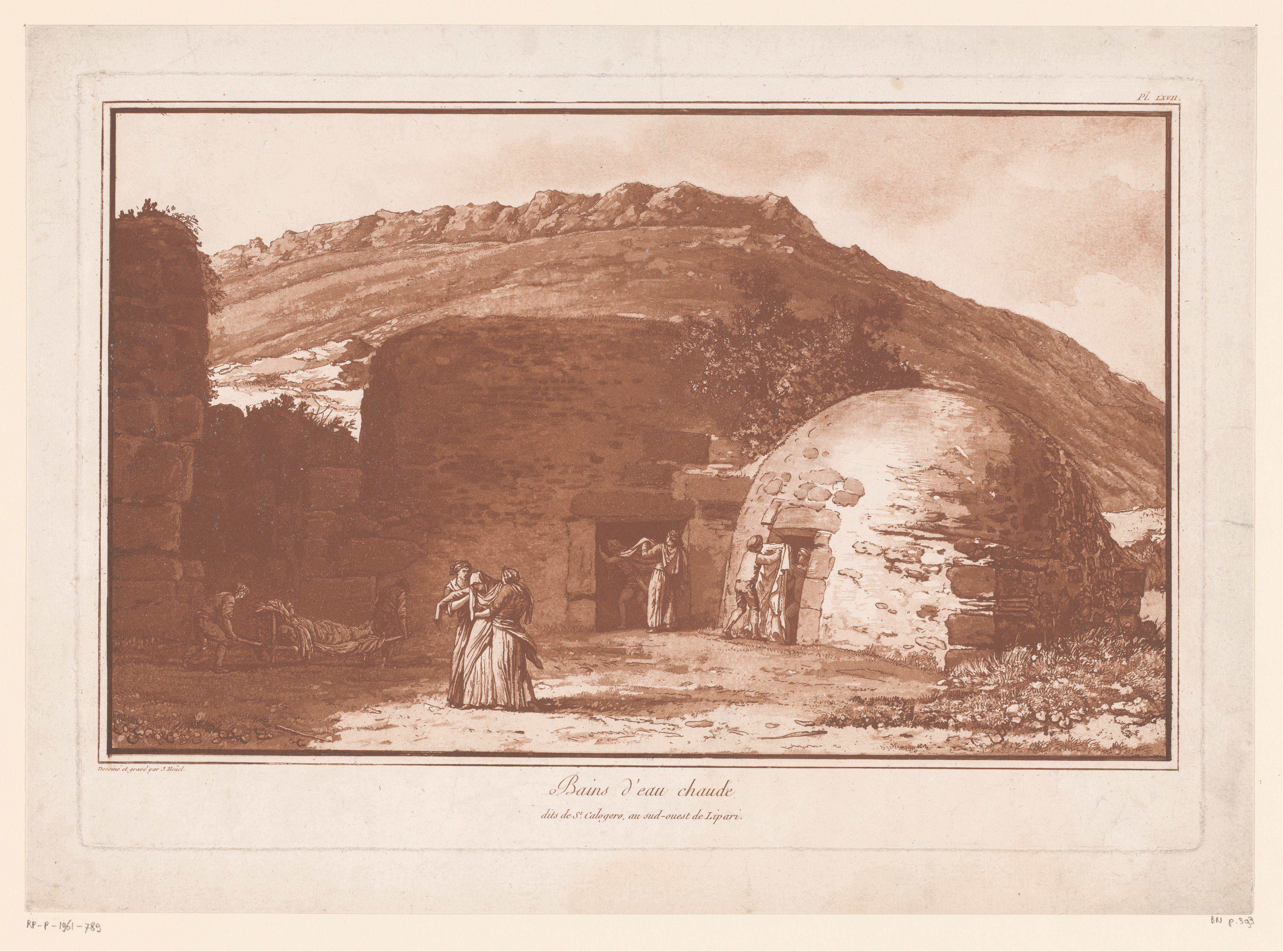 Gezicht op de termen van San Calogero te Lipari met figuren