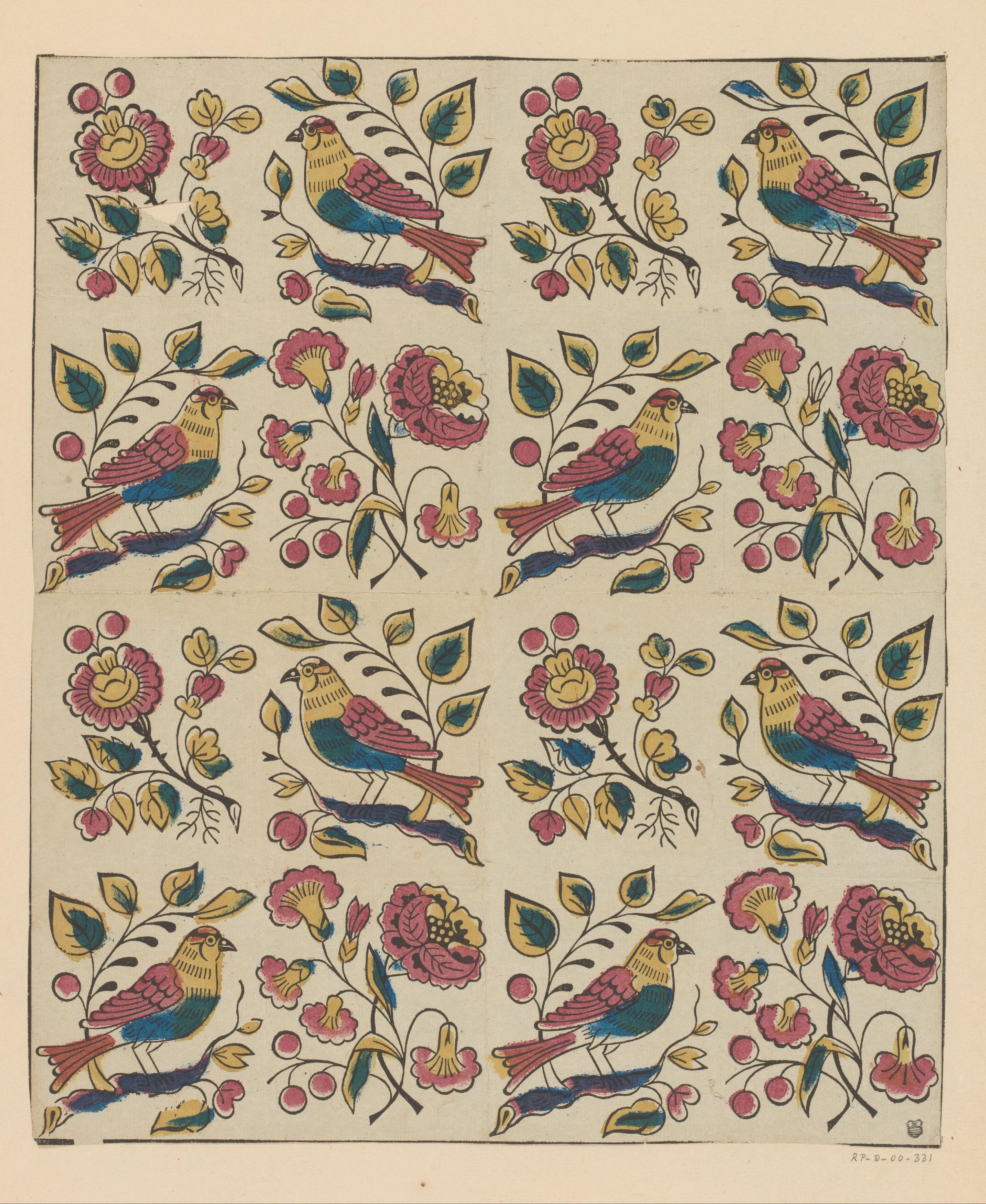 Blad met vier rijen met afwisselend bloemen en vogels