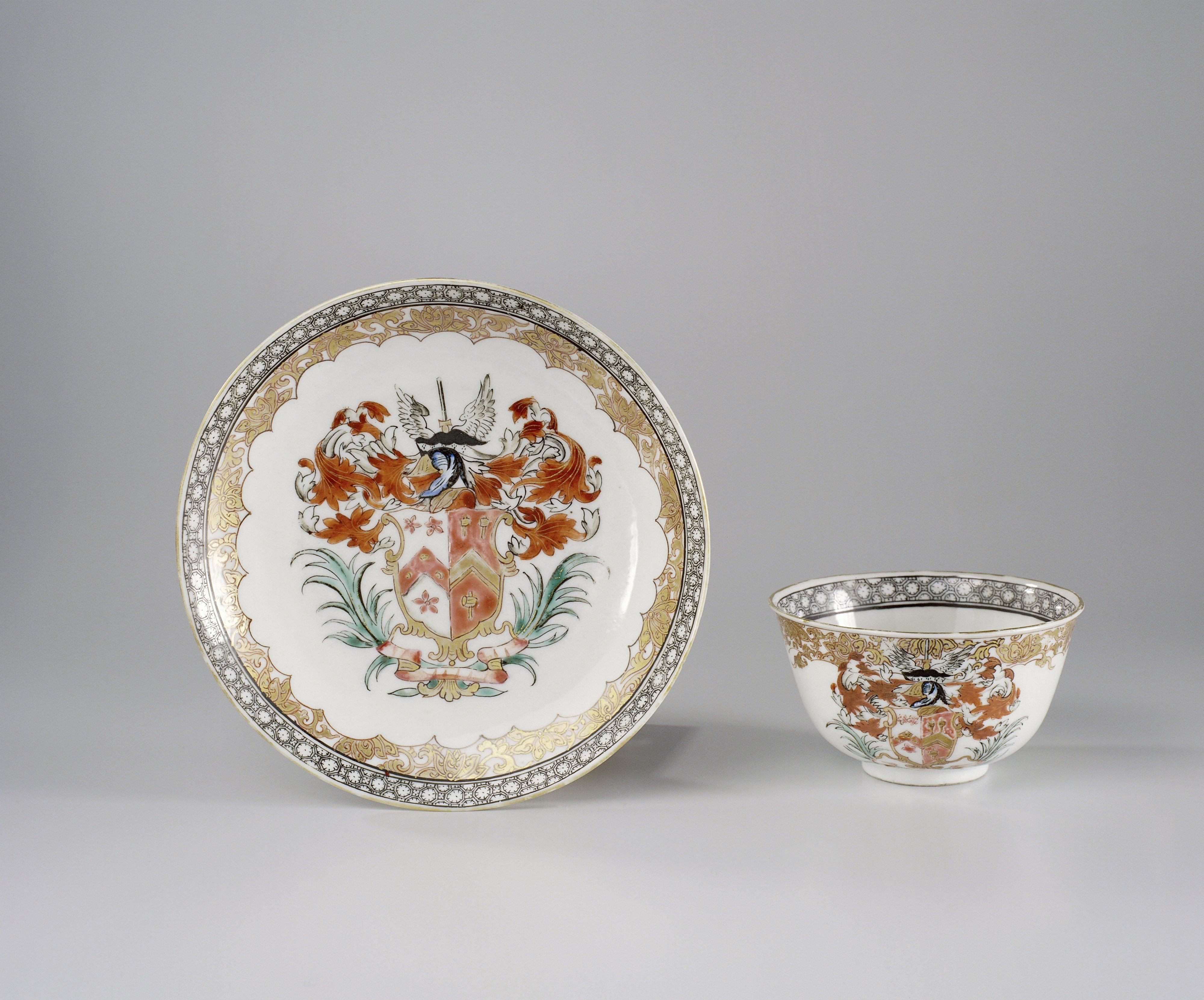 Bell-shaped cup and saucer with the arms of the Yaldwin and Soame family