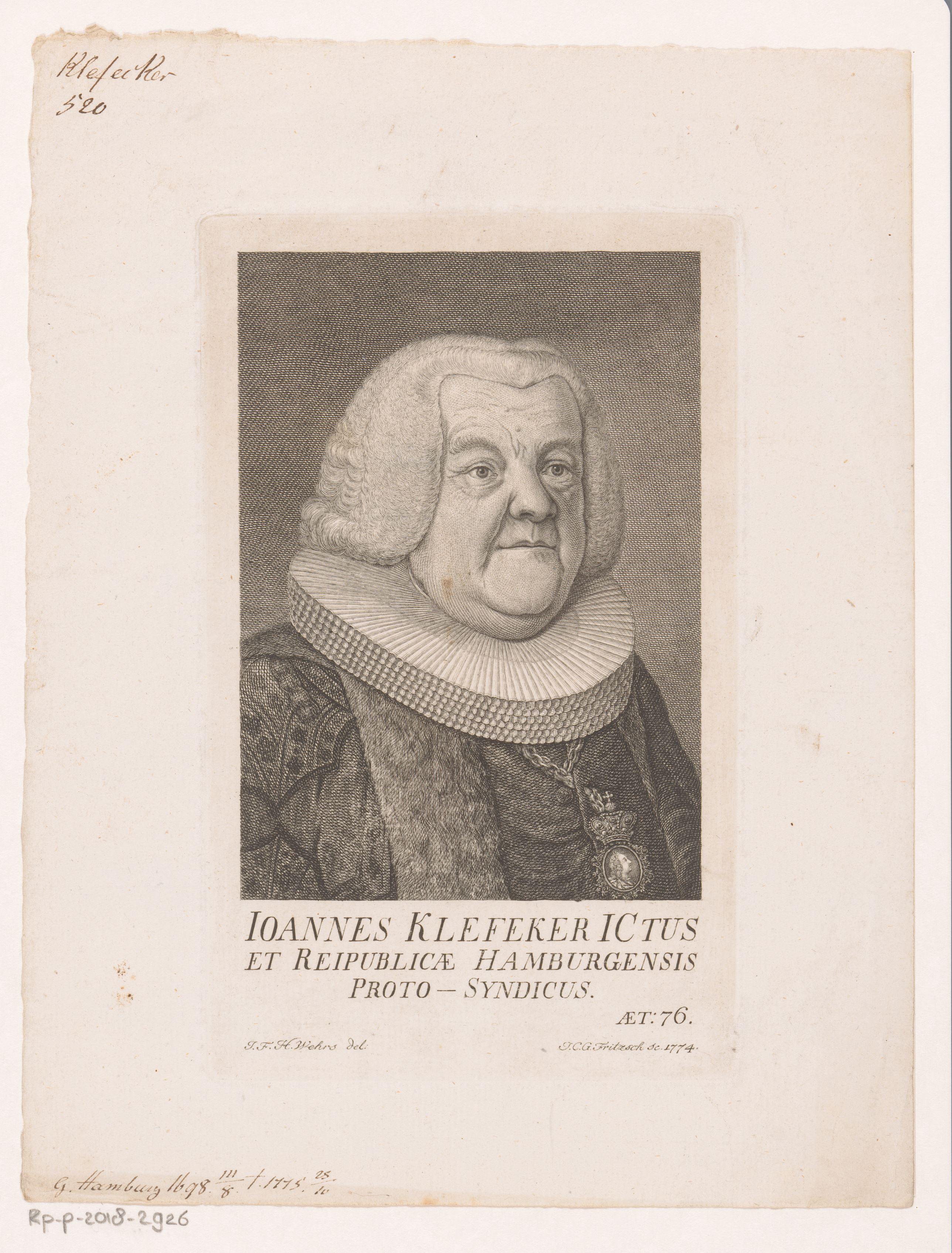 Portret van Johann Klefeker op 76-jarige leeftijd