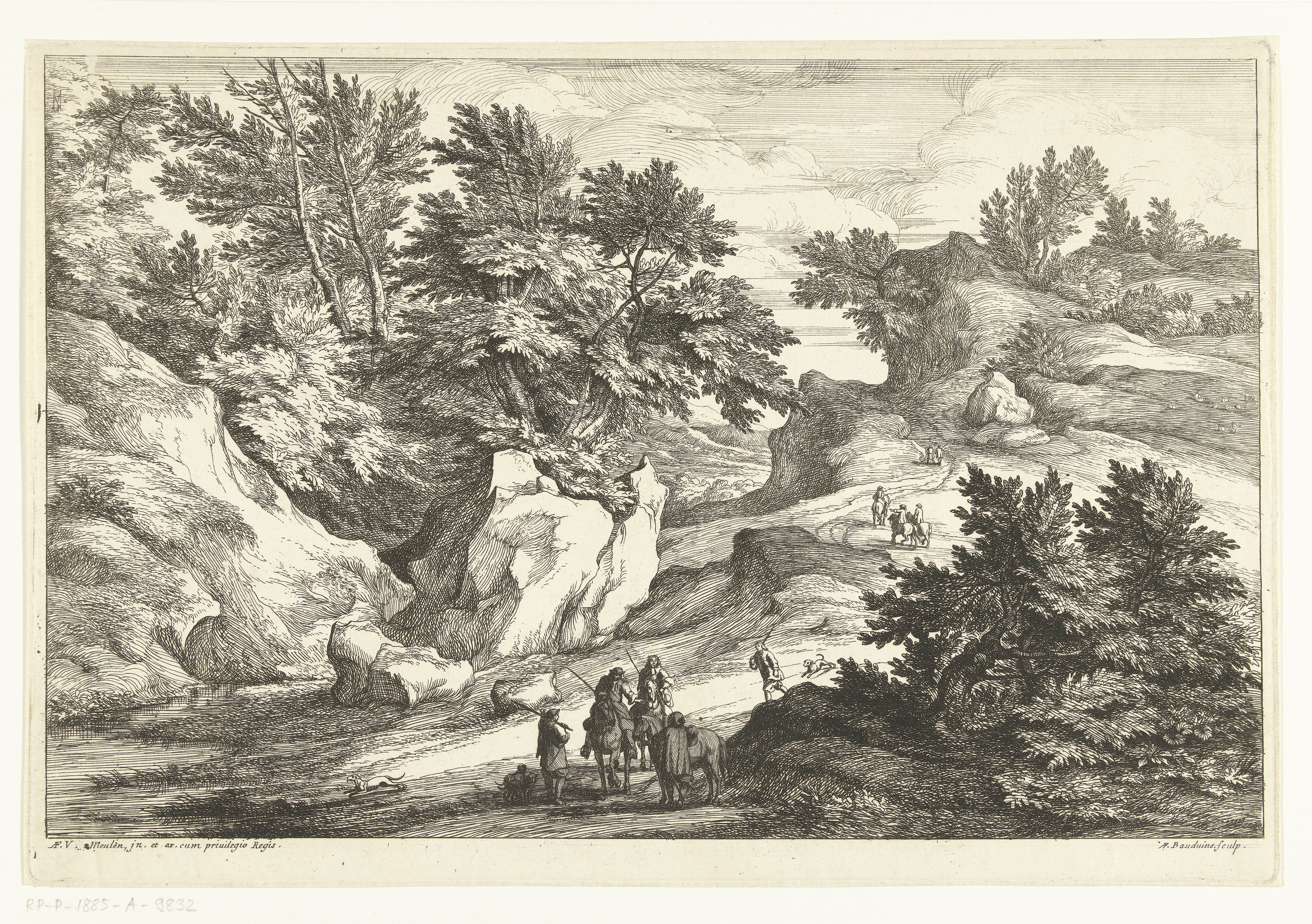 Landschap met twee ruiters die de weg vragen