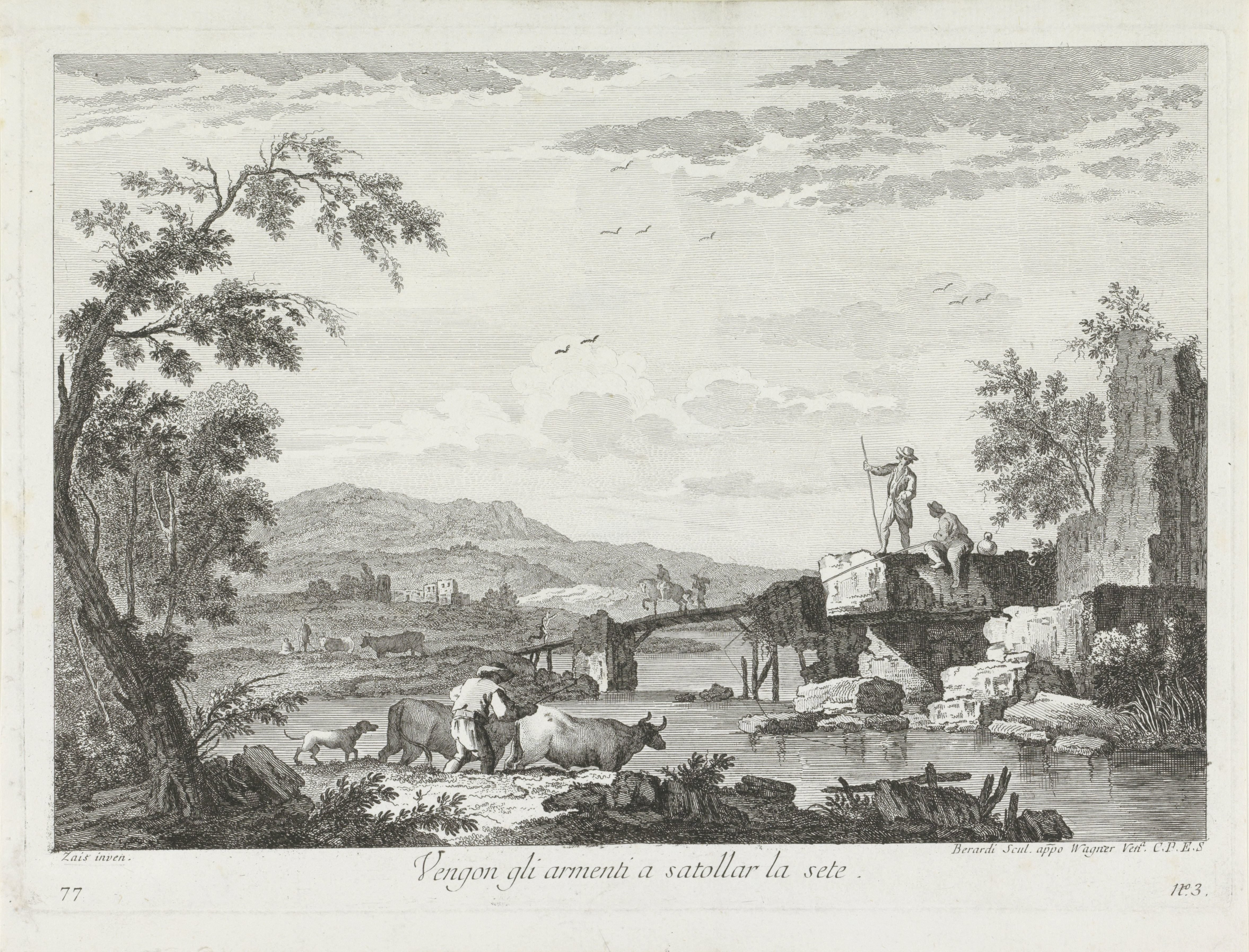 Landschap met vissers en herder met kudde bij rivier