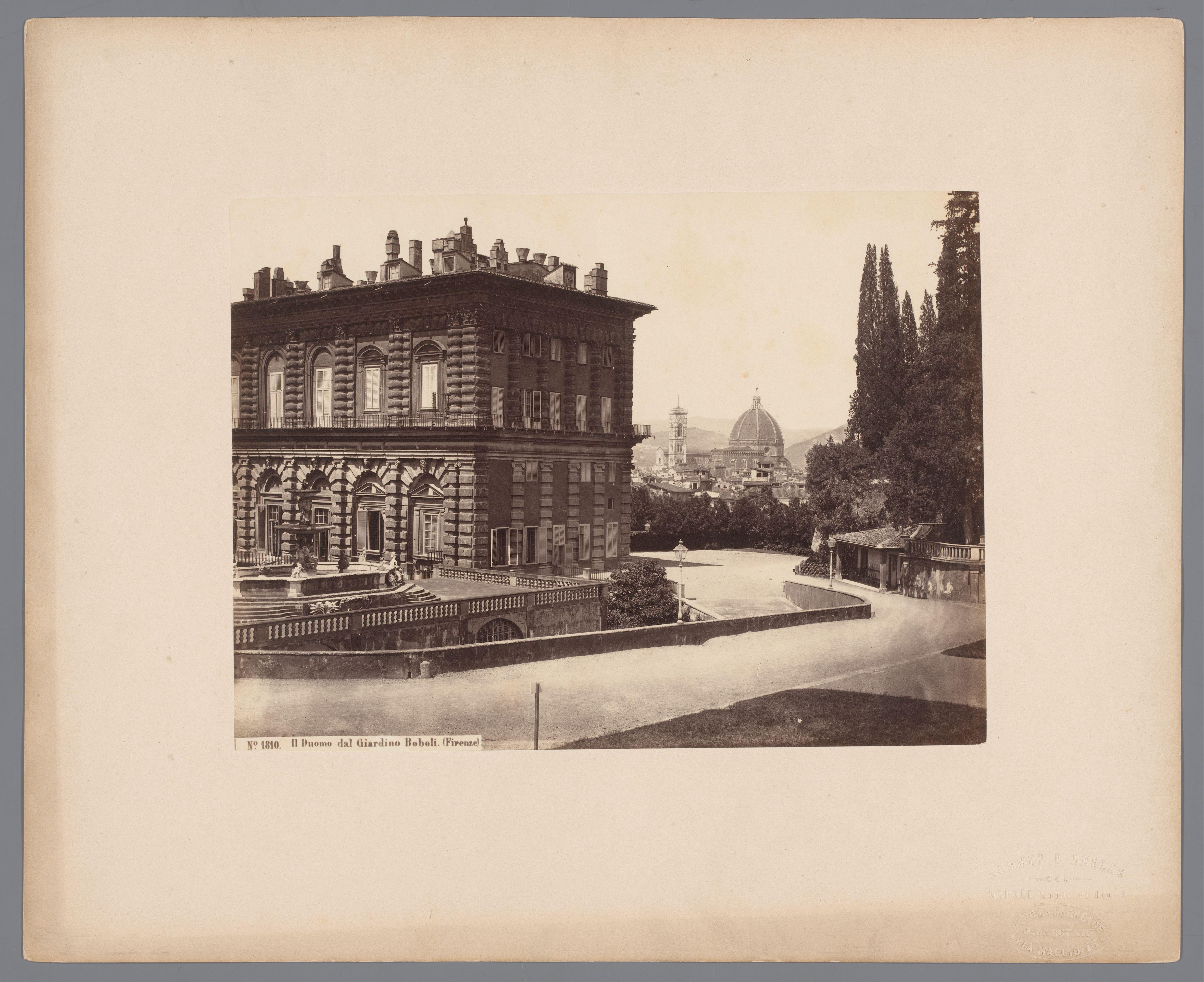 Gezicht op het Palazzo Pitti, de Boboli-tuinen en de Dom van Florence, Italië
