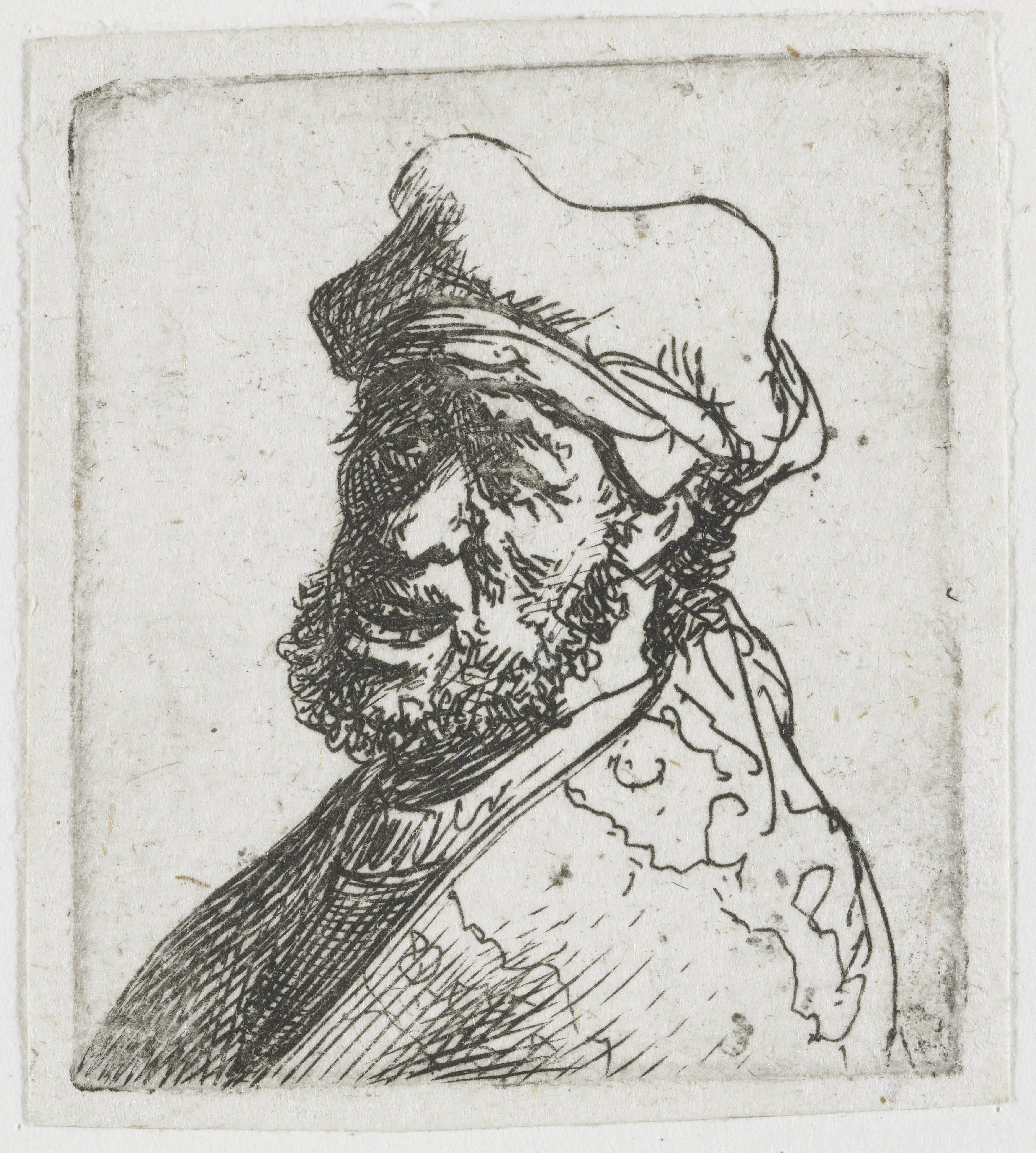 Sheet of studies of men's heads: man crying out, three quarters left: bust