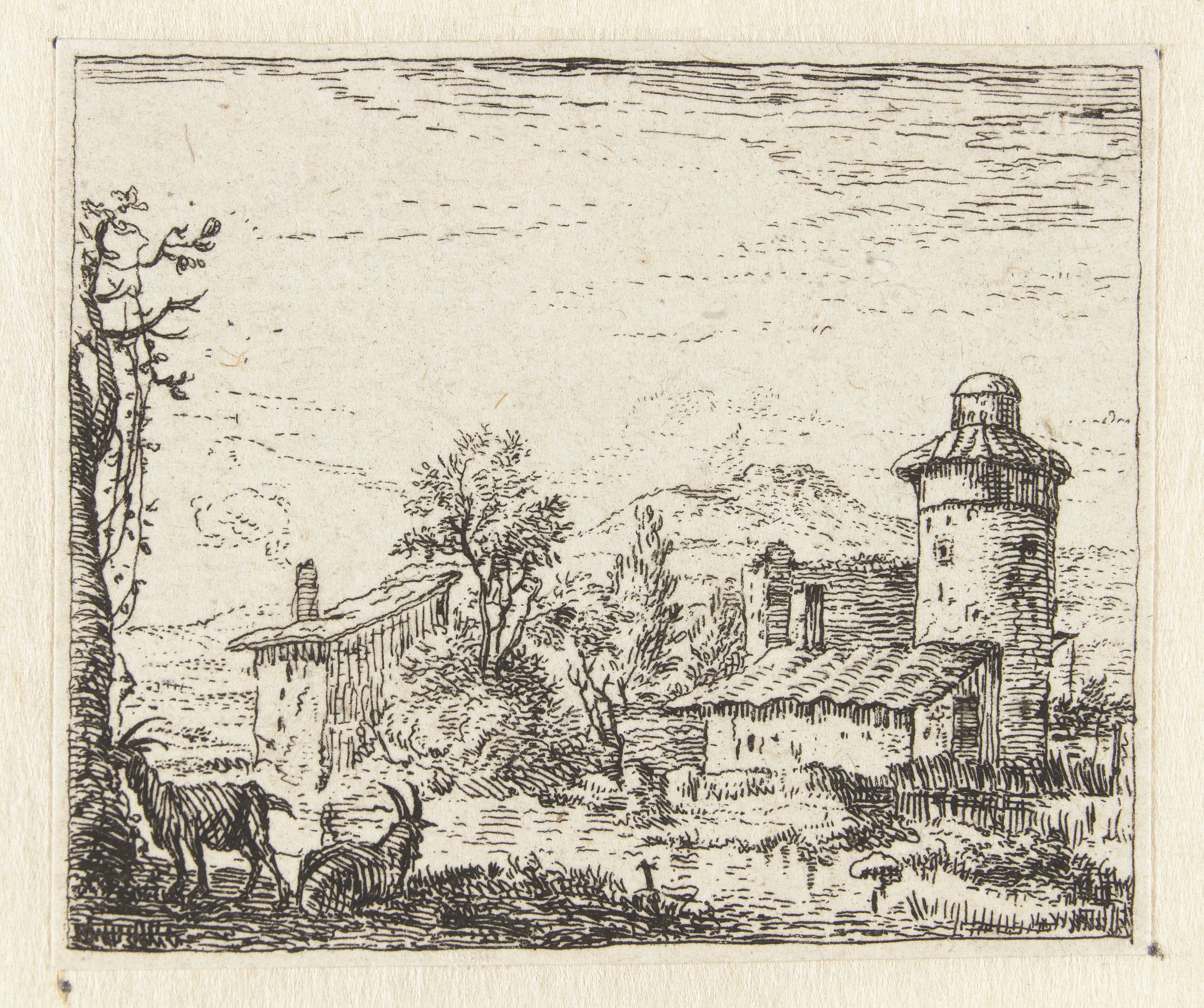 Italianiserend landschap met ronde toren en twee geiten