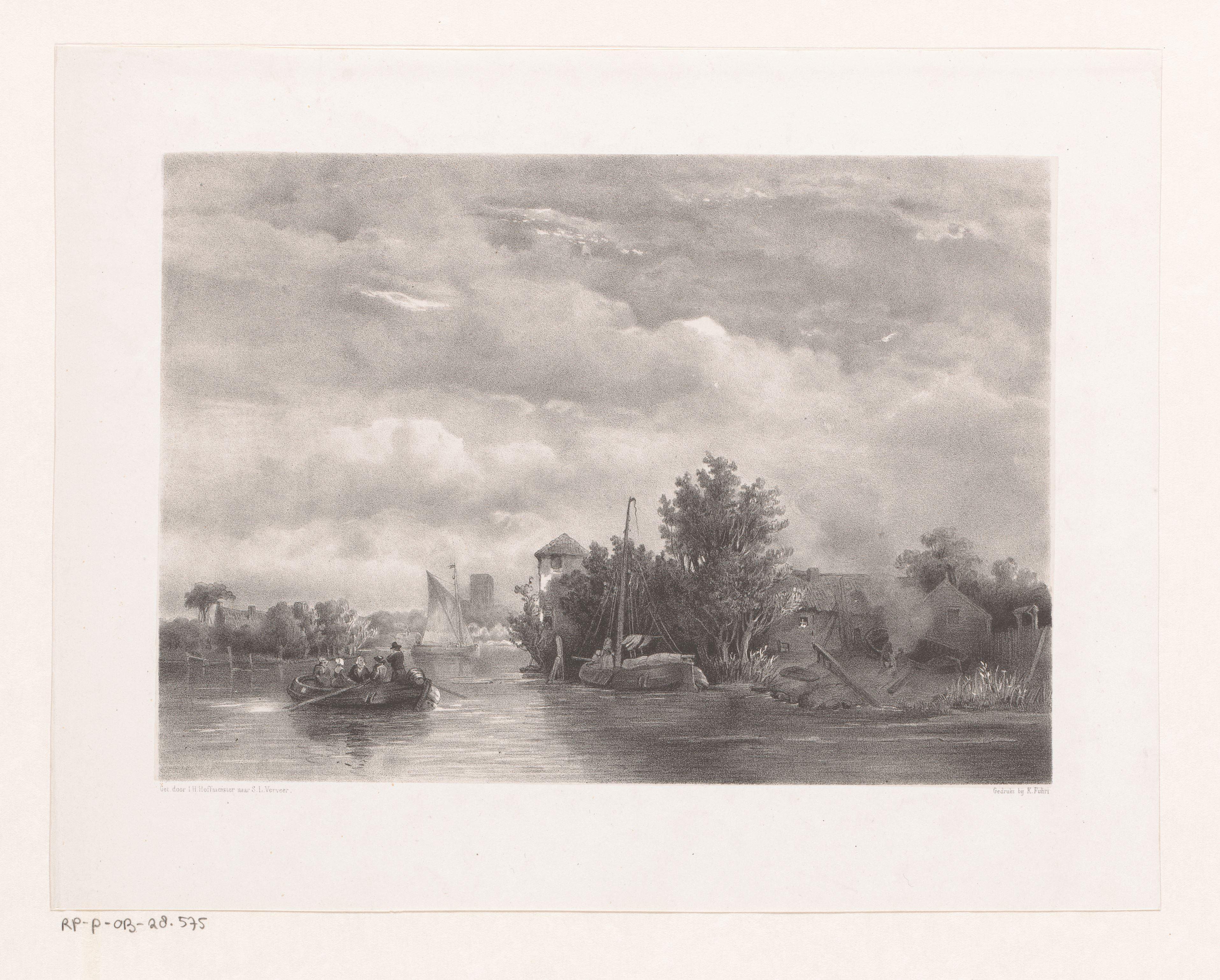 Landschap met rivier, boten en huizen
