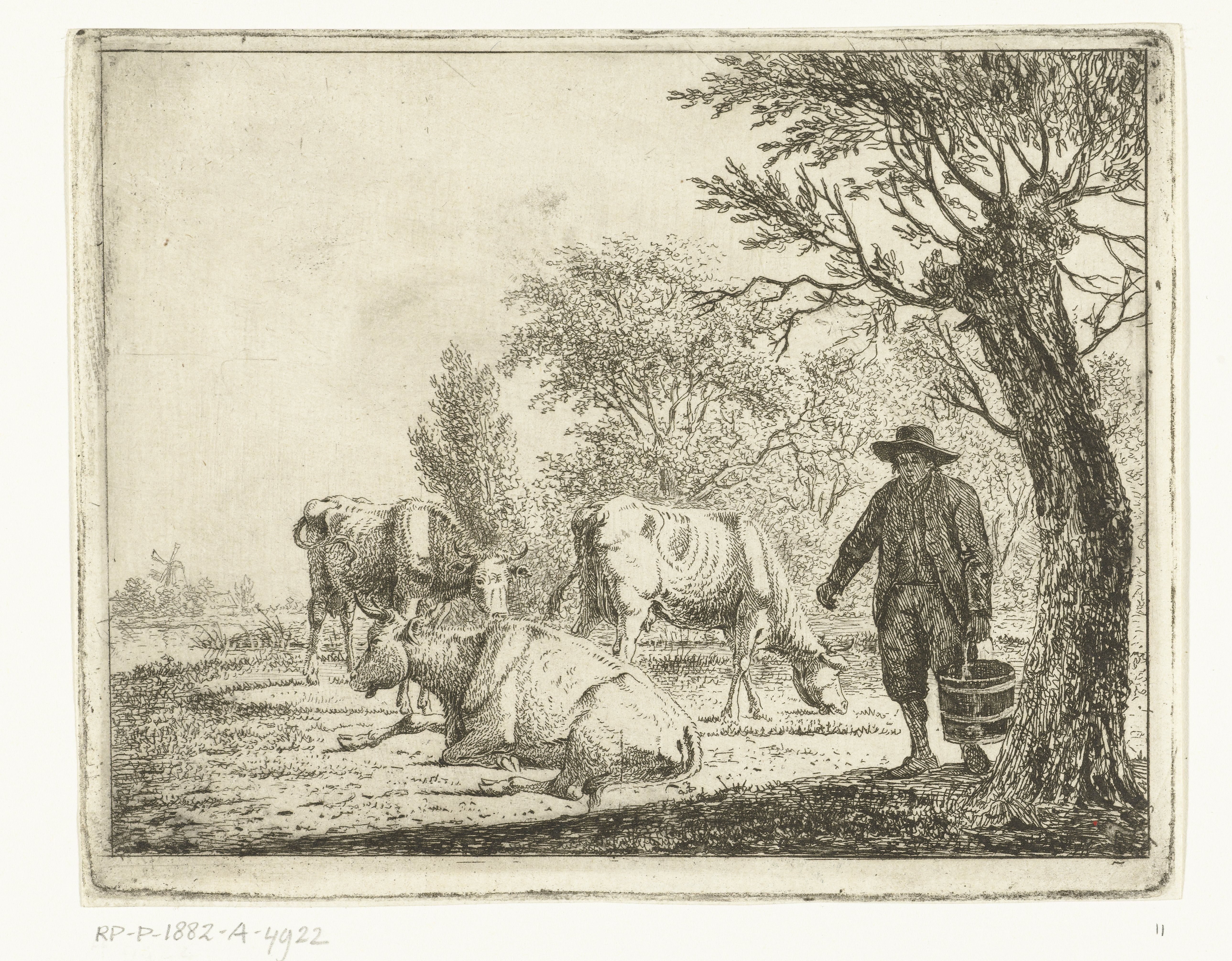 Weidelandschap met man met emmer bij drie koeien
