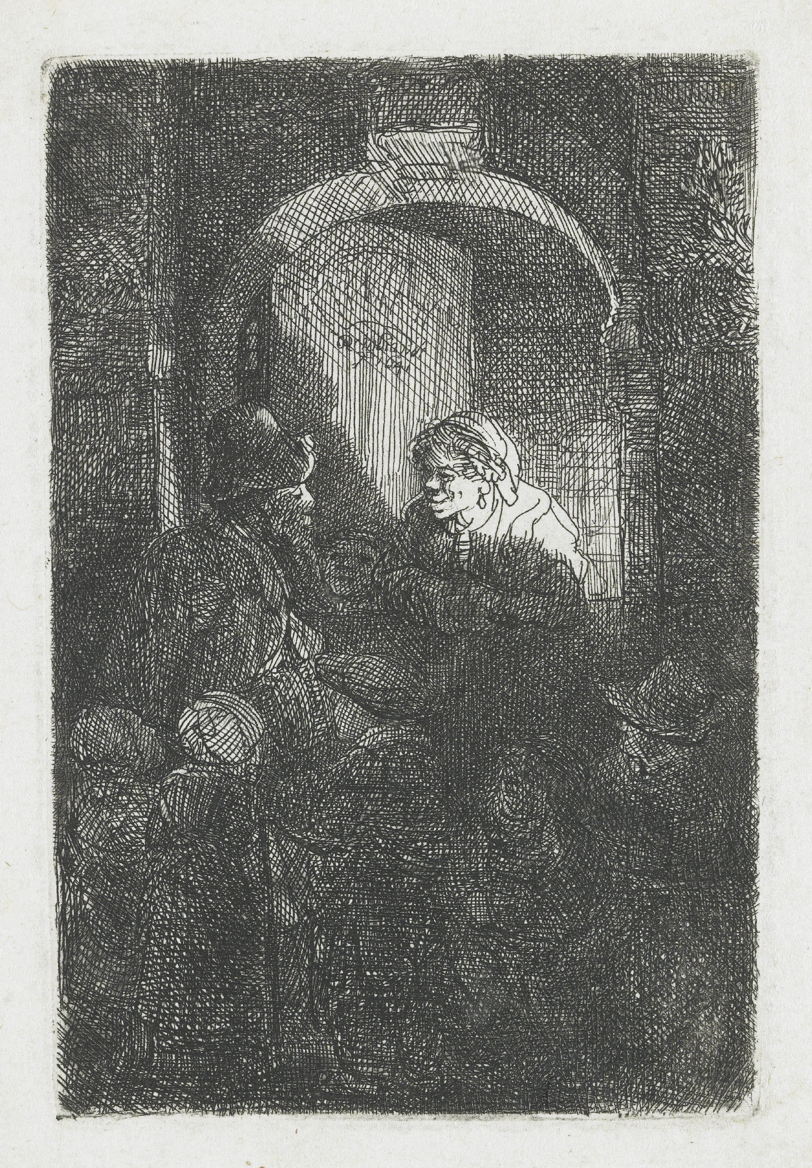 A hurdy-gurdy player followed by children at the door of a house