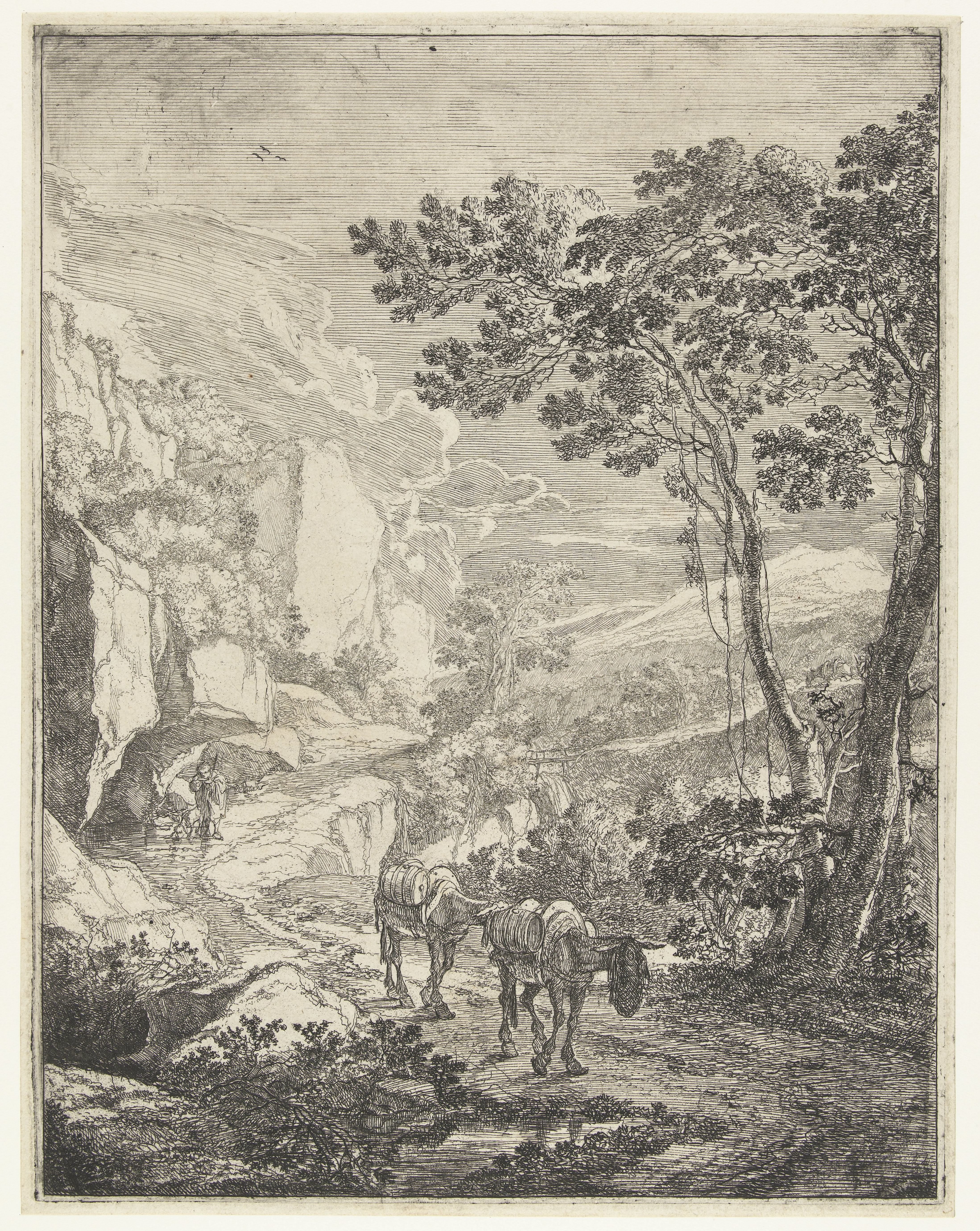 Landschap met twee muilezels voor de Rocca Aquatico bij Ancona