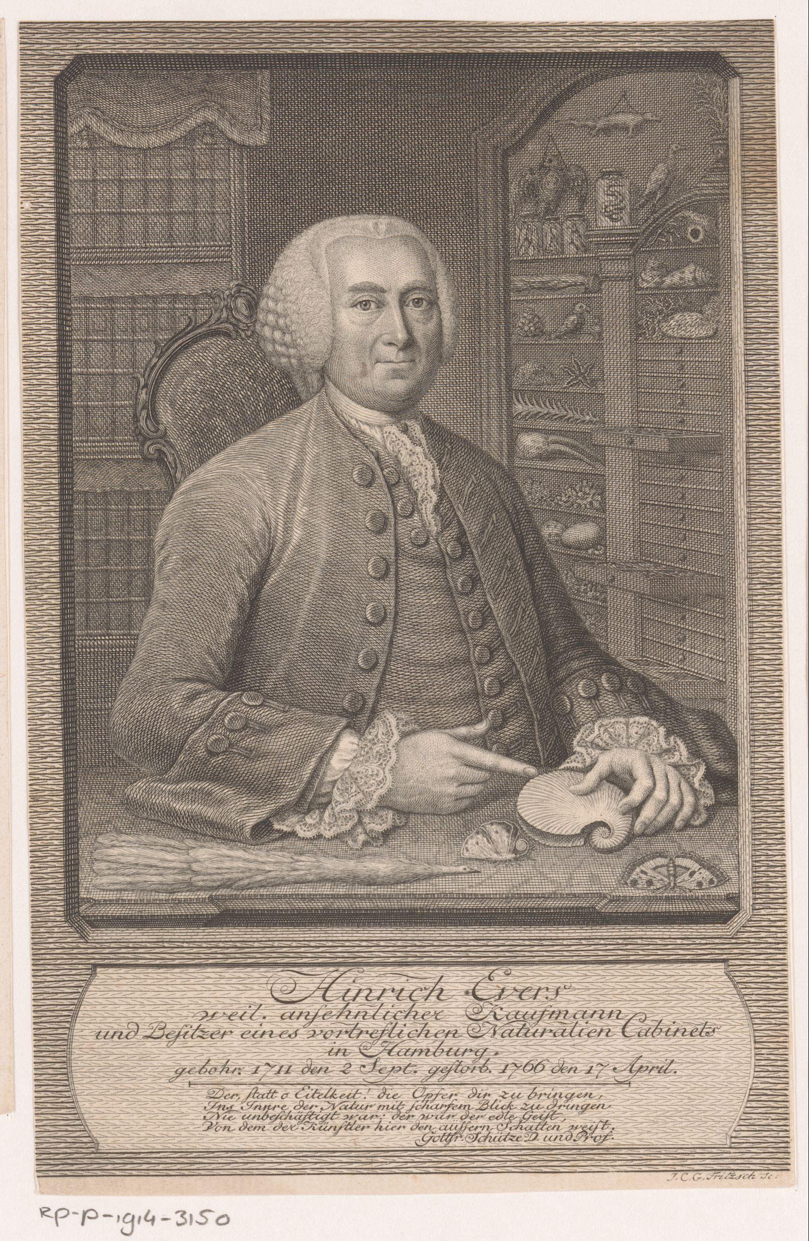 Portret van Hinrich Evers in zijn naturaliënkabinet