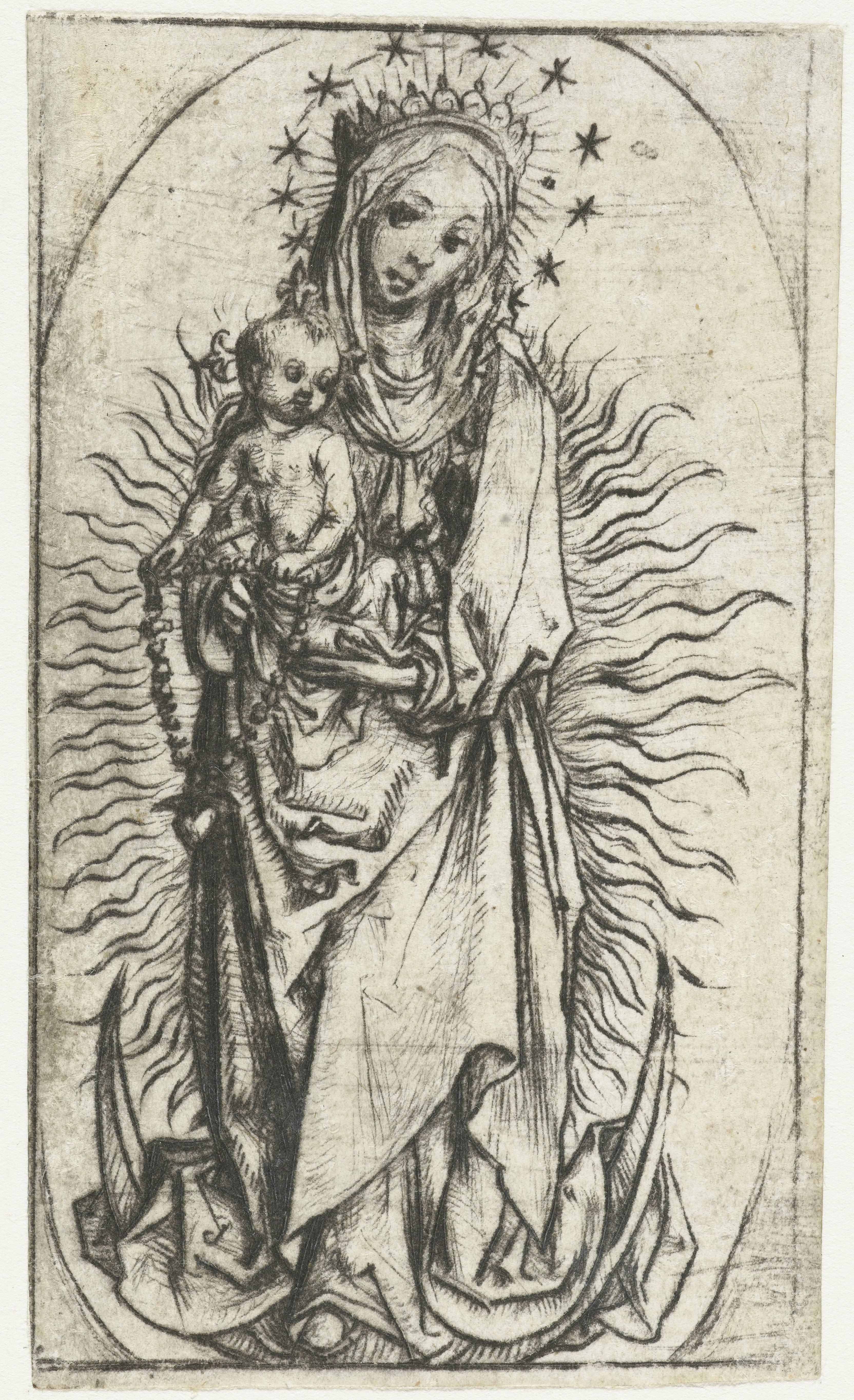 Madonna met sterrenkroon en rozenkrans op de maansikkel