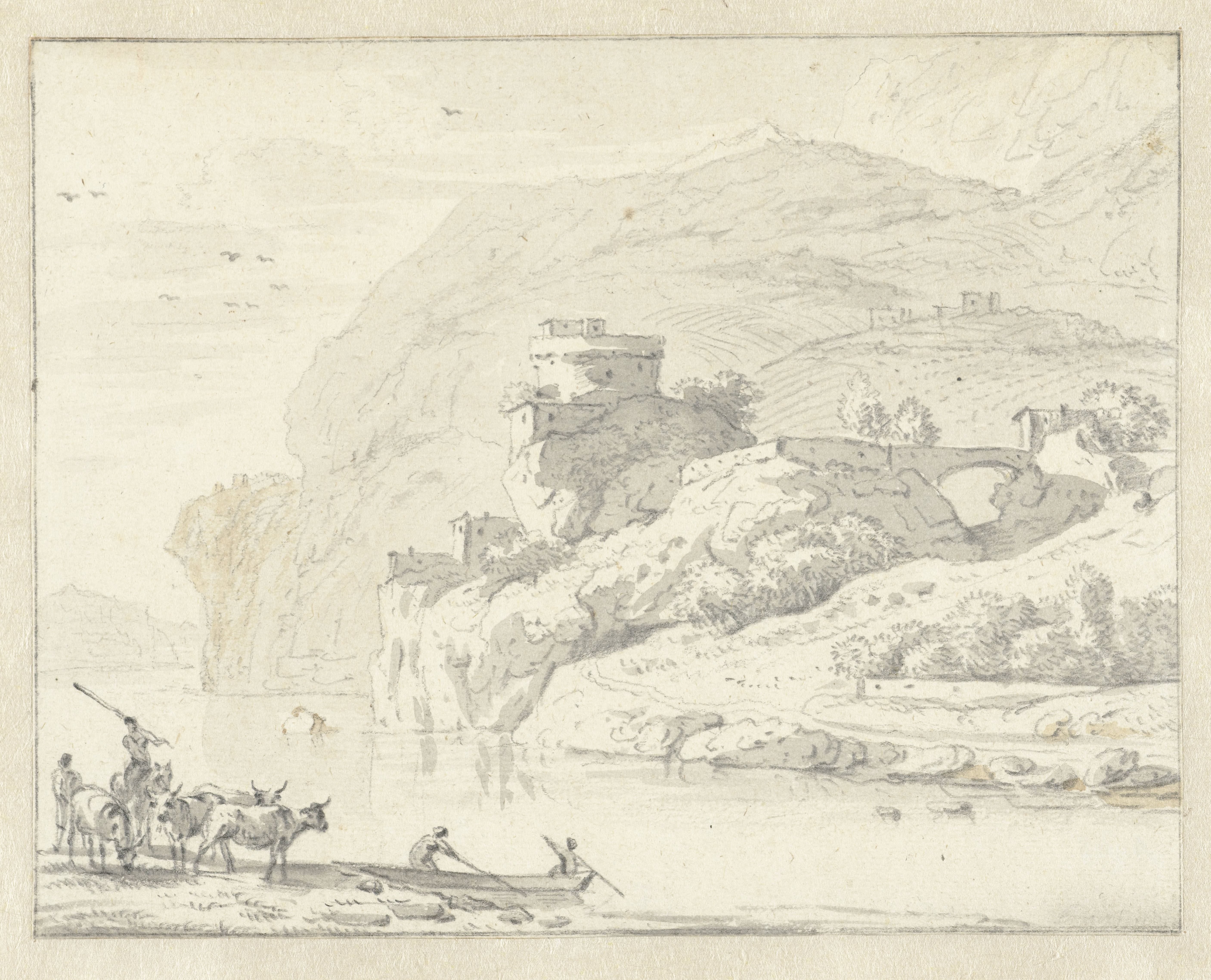 Italianate Mountain Landscape with Herders and Cattle, and Two Figures in a Boat Crossing the River