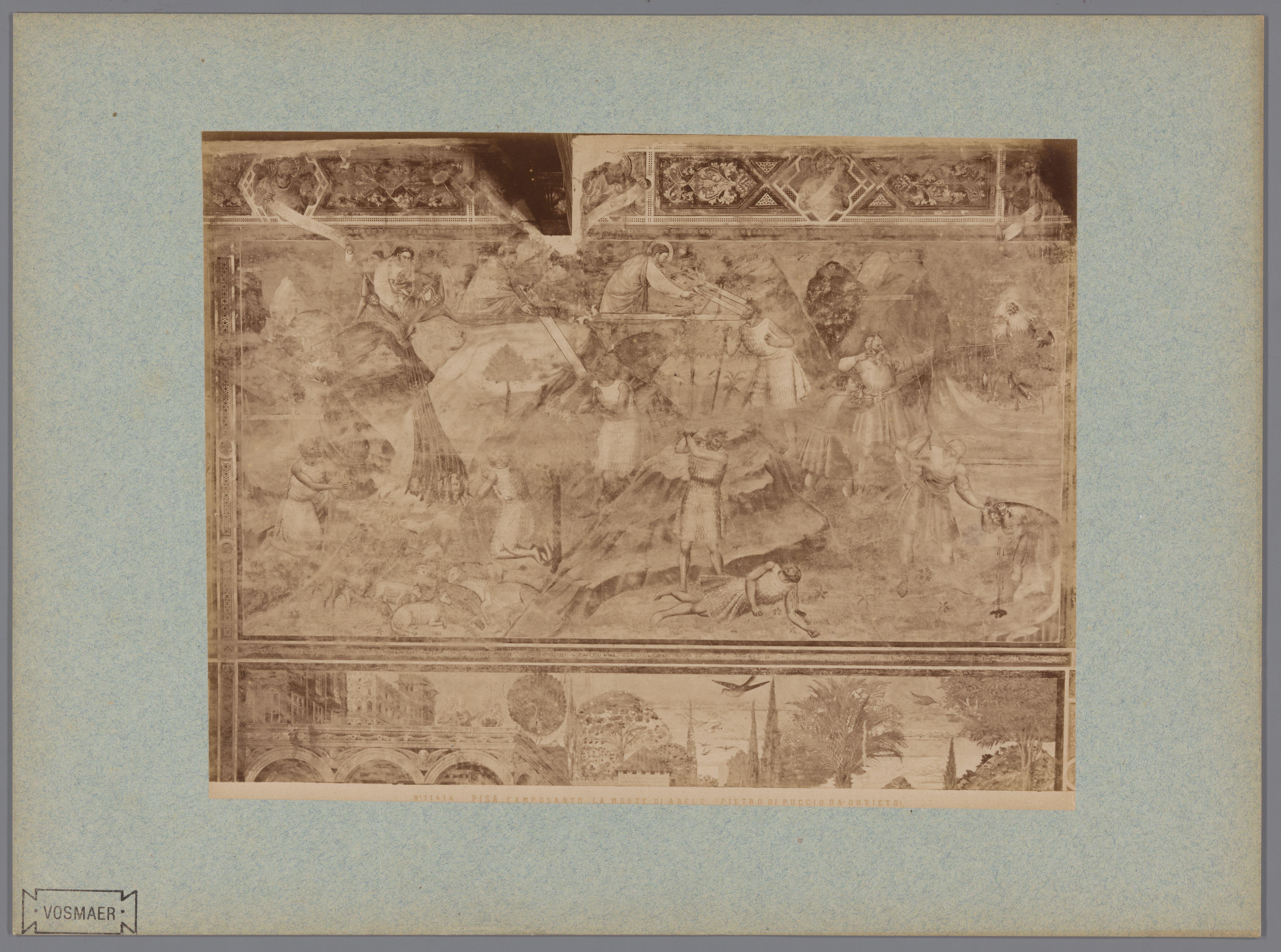 Fotoreproductie van het fresco De dood van Abel naar Piero di Puccio in het Camposanto te Pisa, Italië