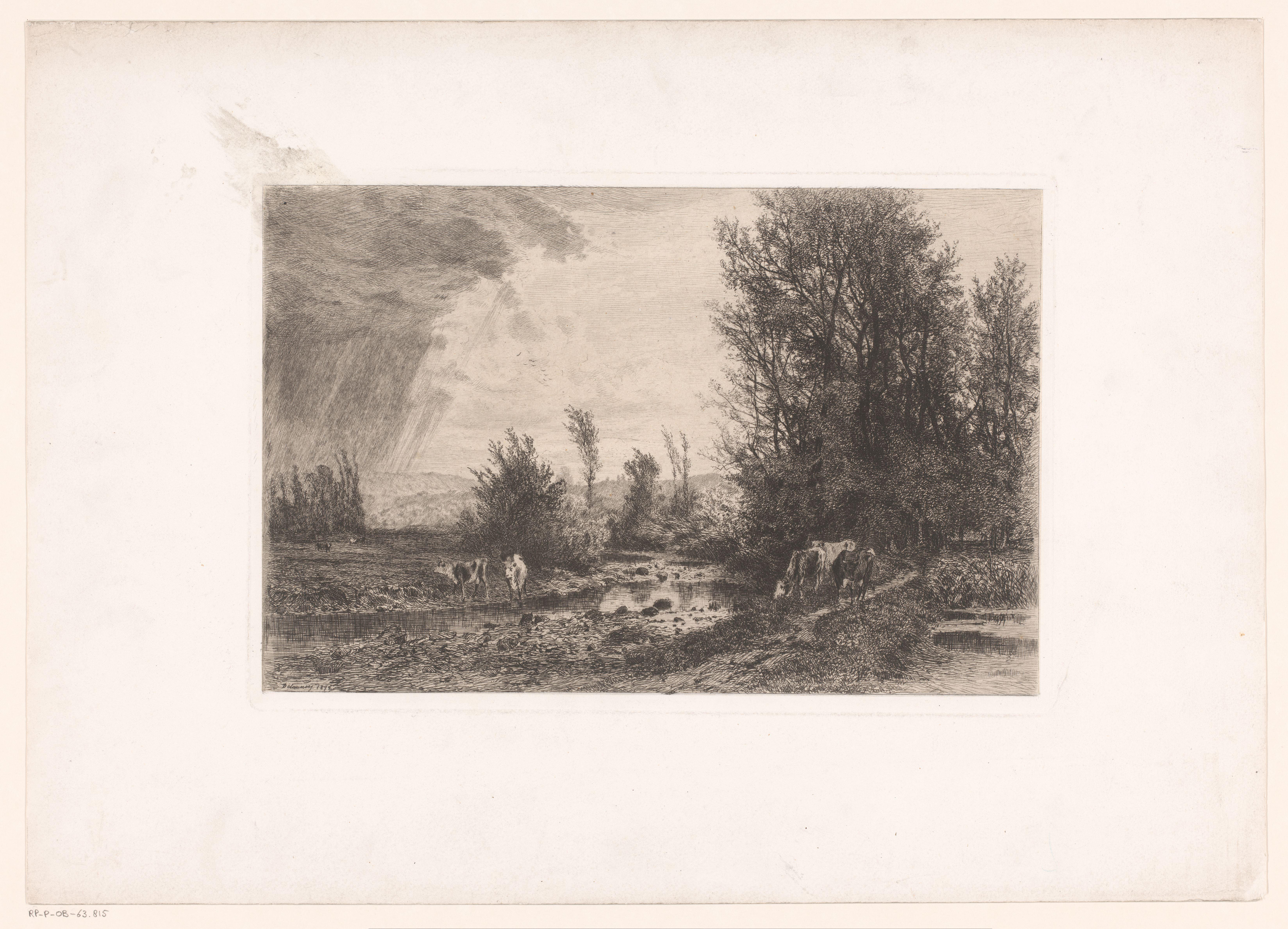 Landschap met koeien langs beek