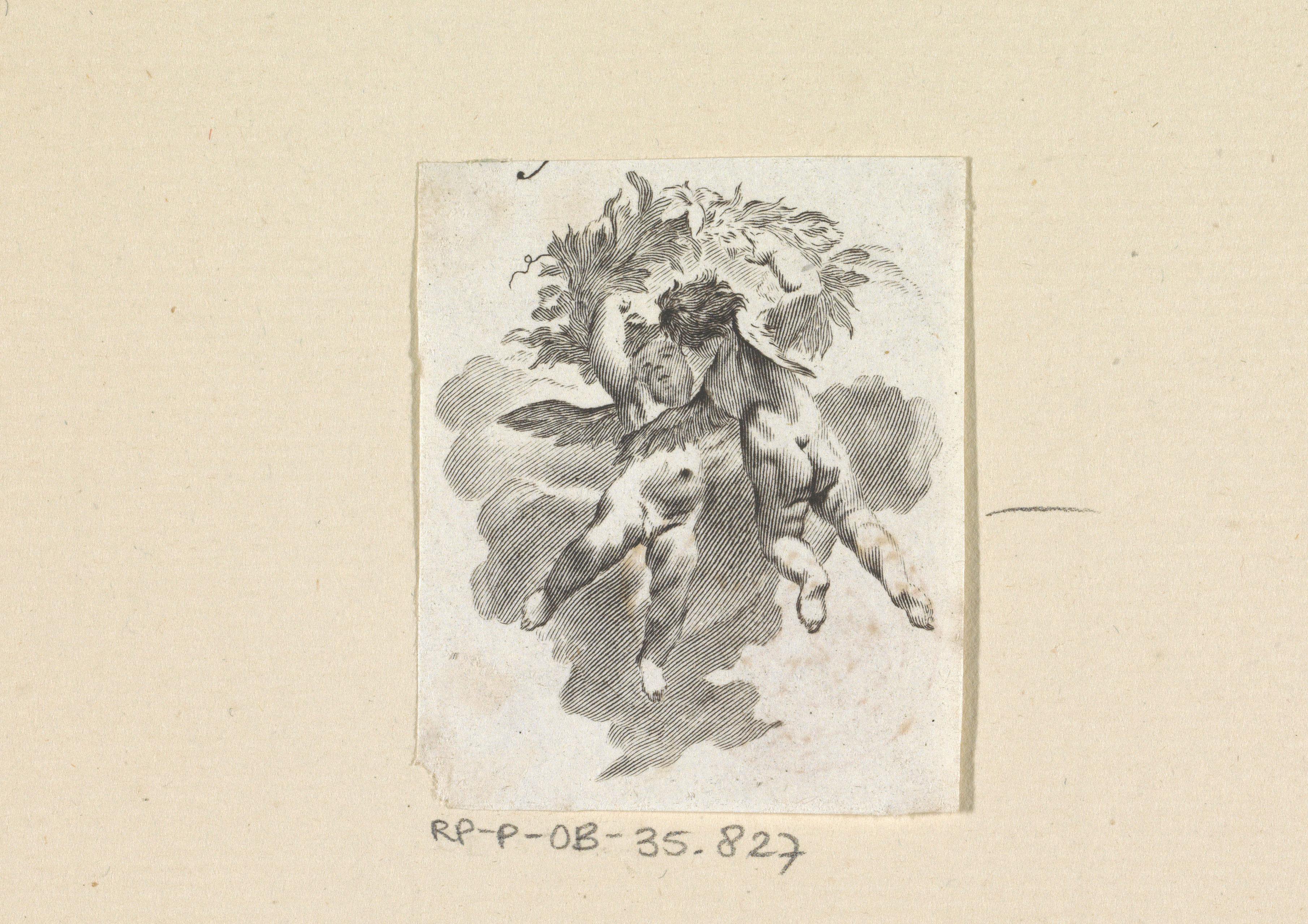 Twee zwevende putti met een krans van bladeren