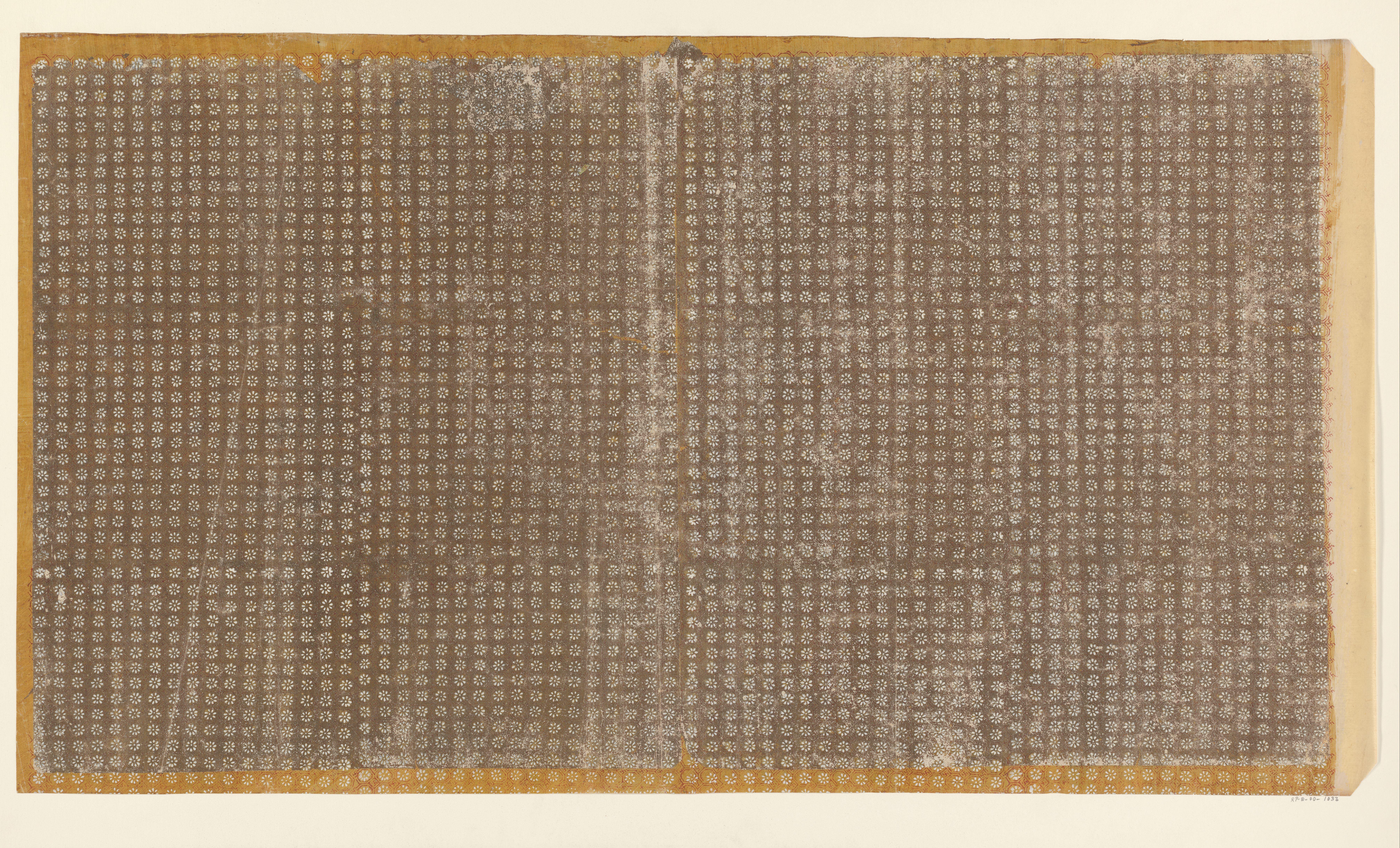 Blad met rasterpatroon van zeshoeken met bloemmotief en swastika (één van zes identieke bladen)