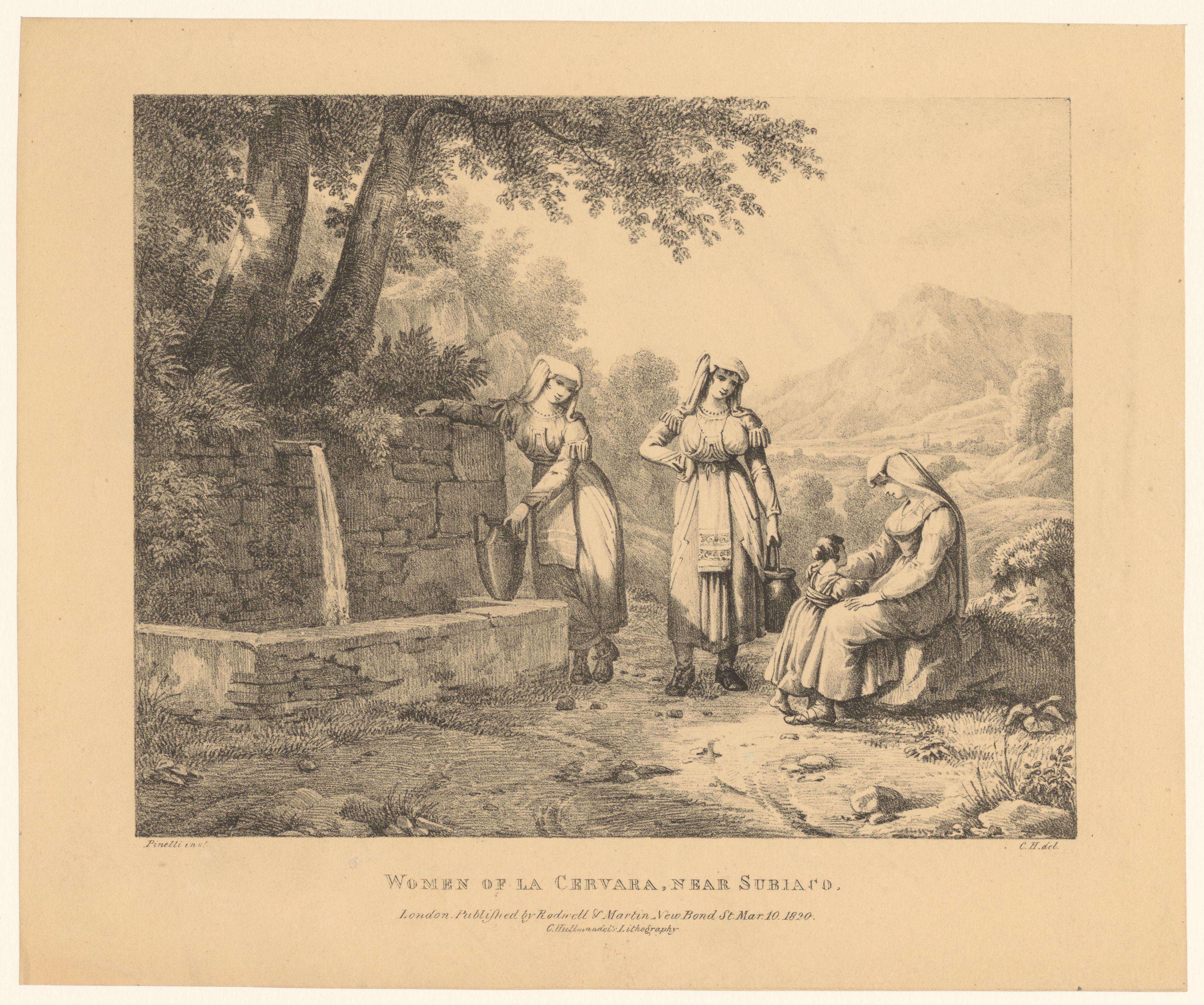 Landschap met drie vrouwen en een kind bij een waterbron