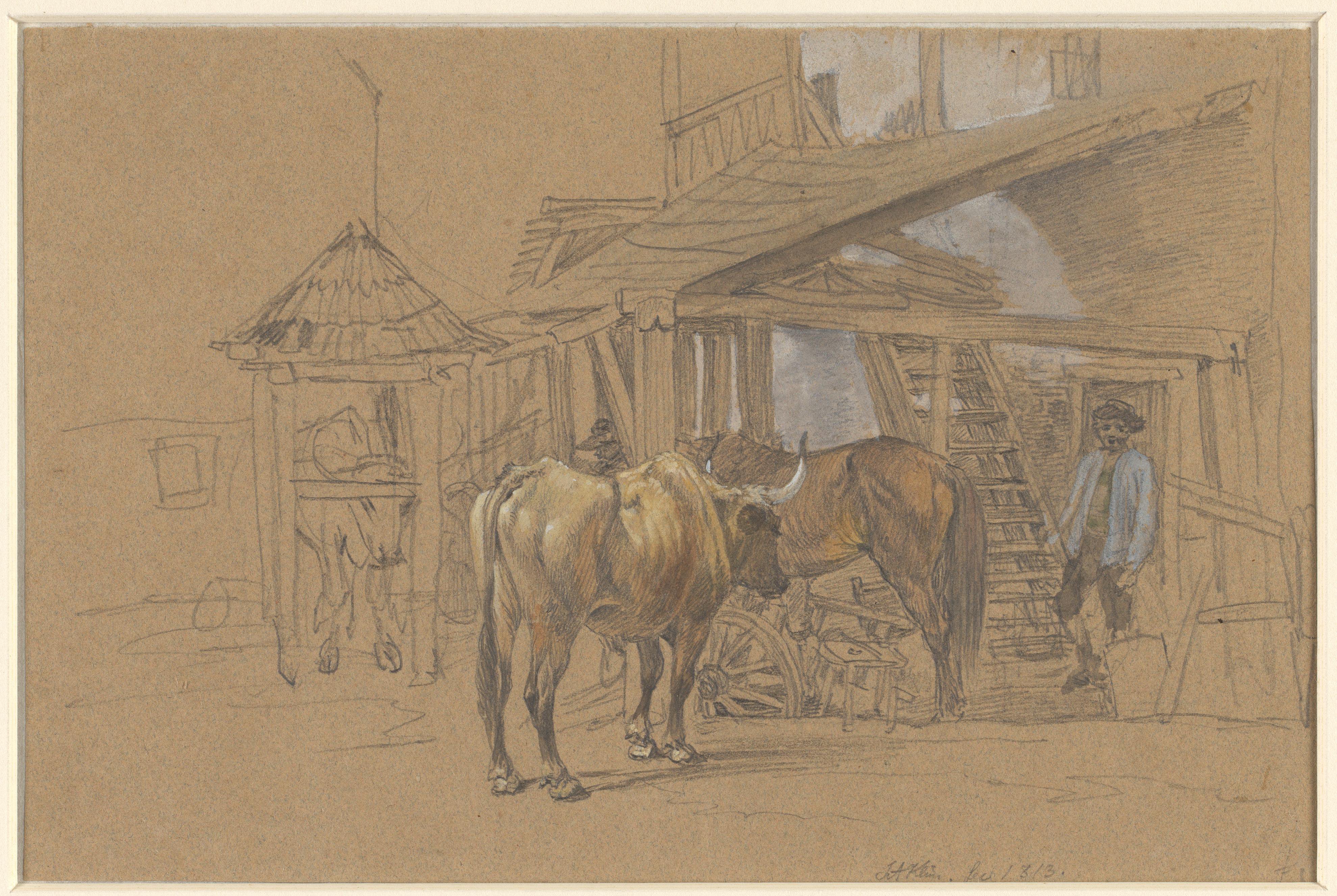 Ossen en een paard bij de hoefsmid