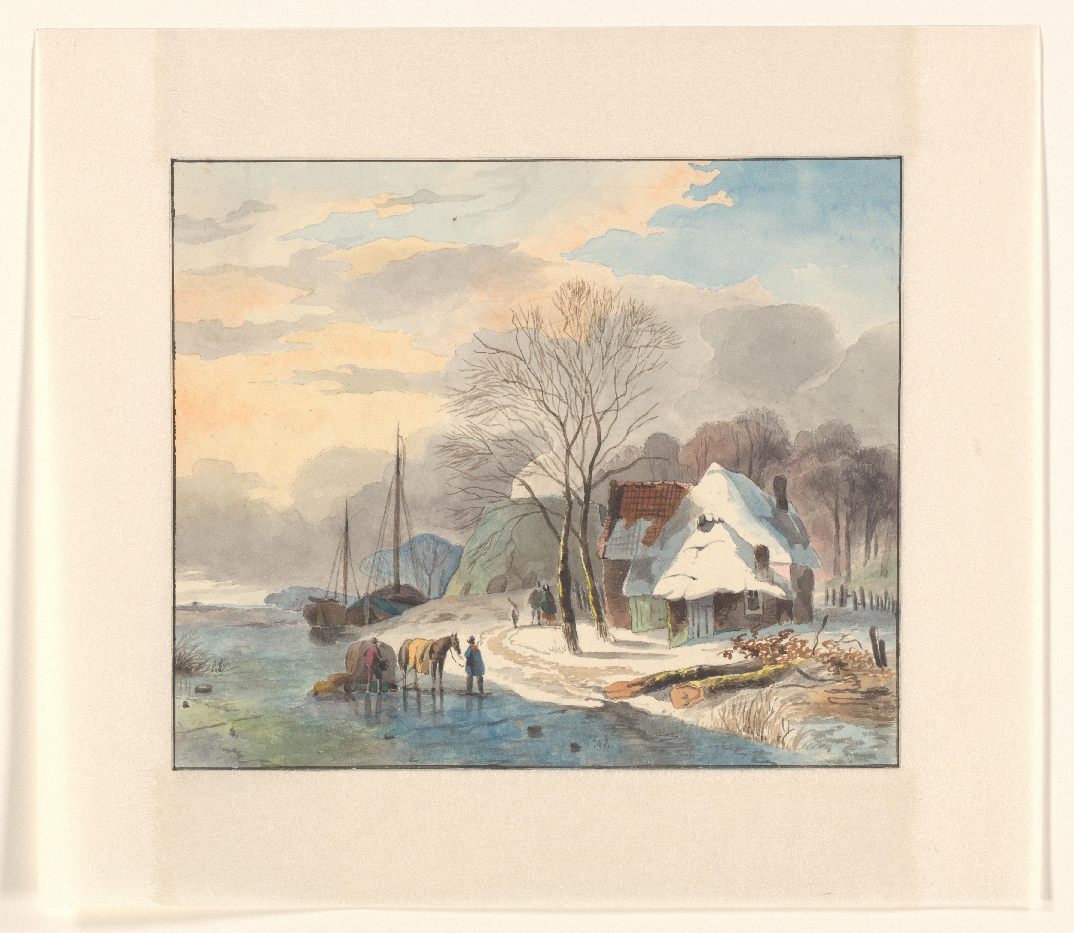 Winterlandschap met boerderij en kalkoven aan een rivier