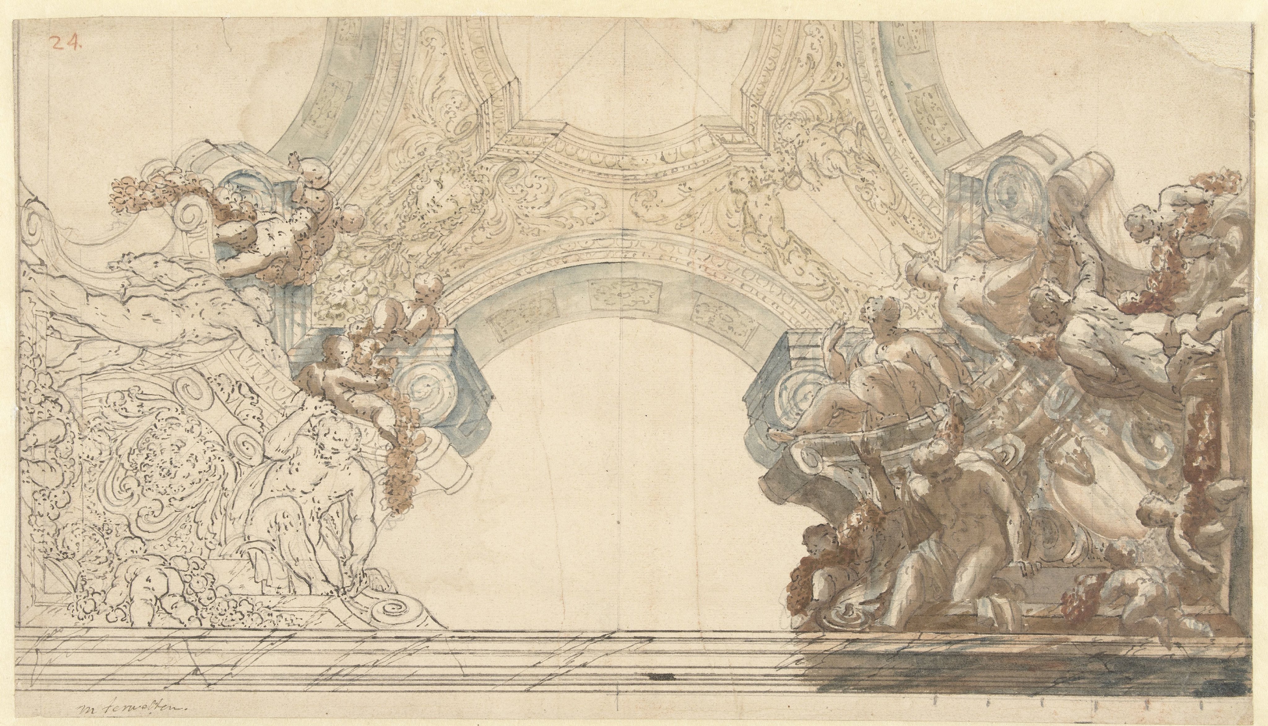 Ontwerp voor een plafond met Michelangeleske figuren en ornament