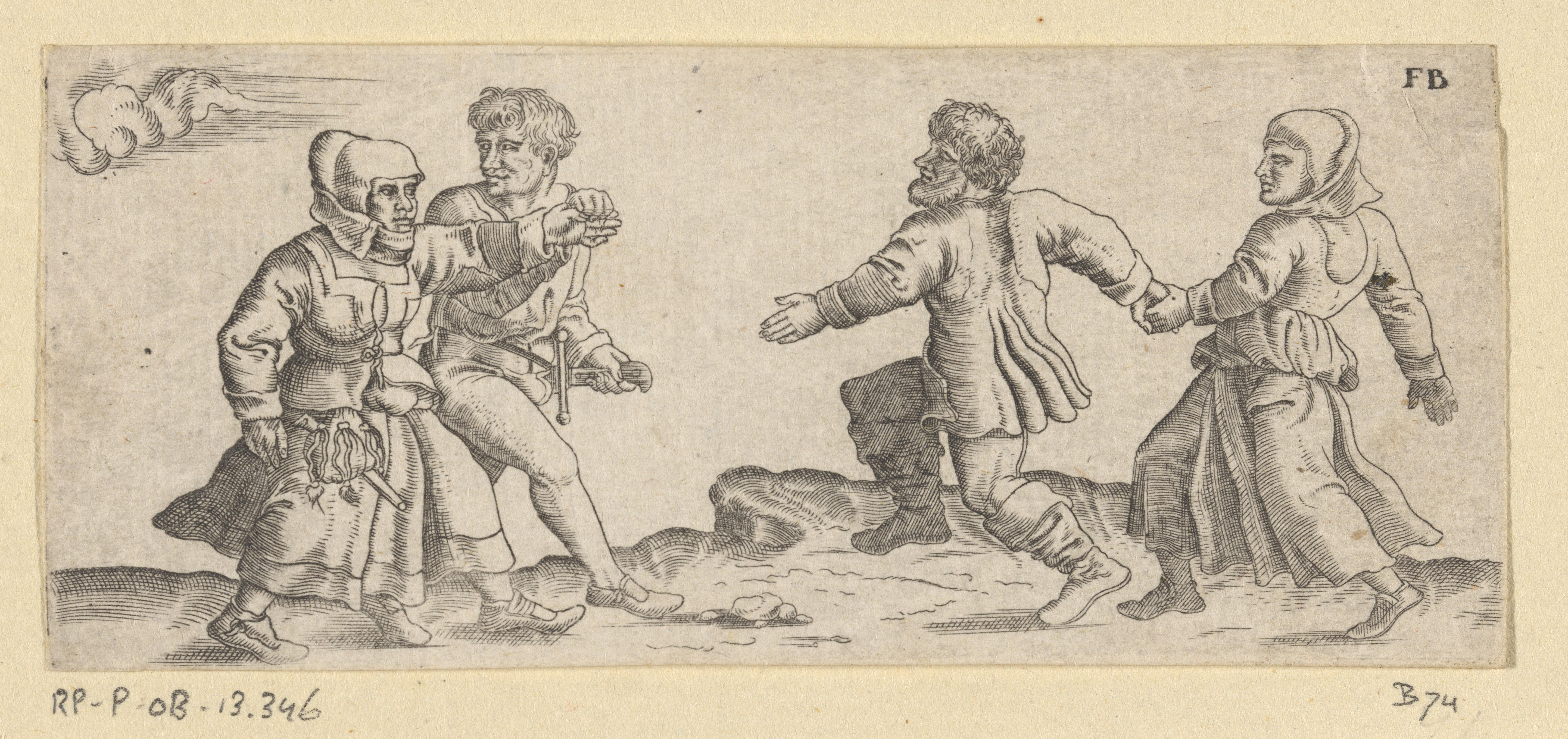 Twee dansende boerenparen