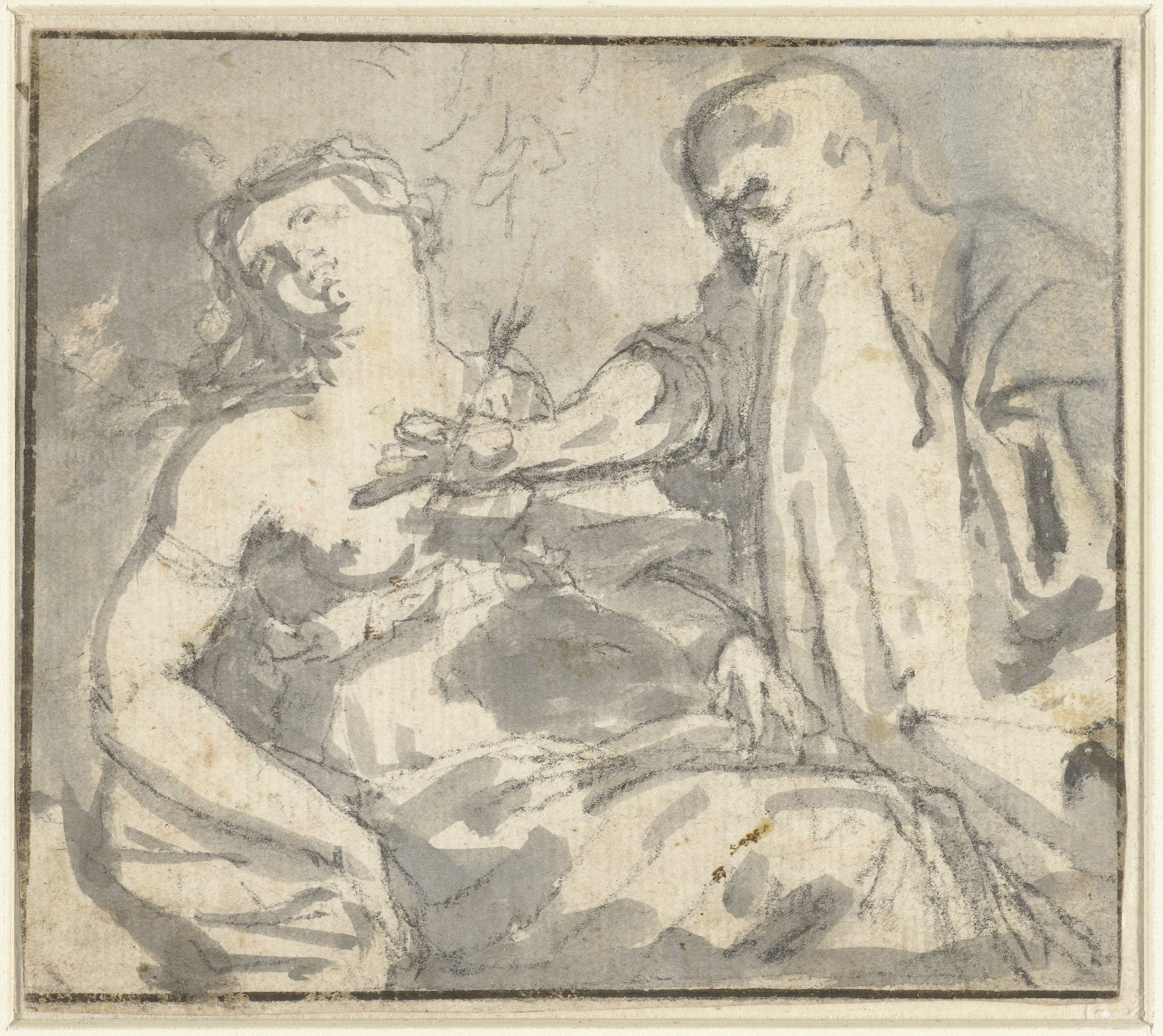 Een man verwijdert een pijl uit de borst van een vrouw (Cephalus en Procris?)