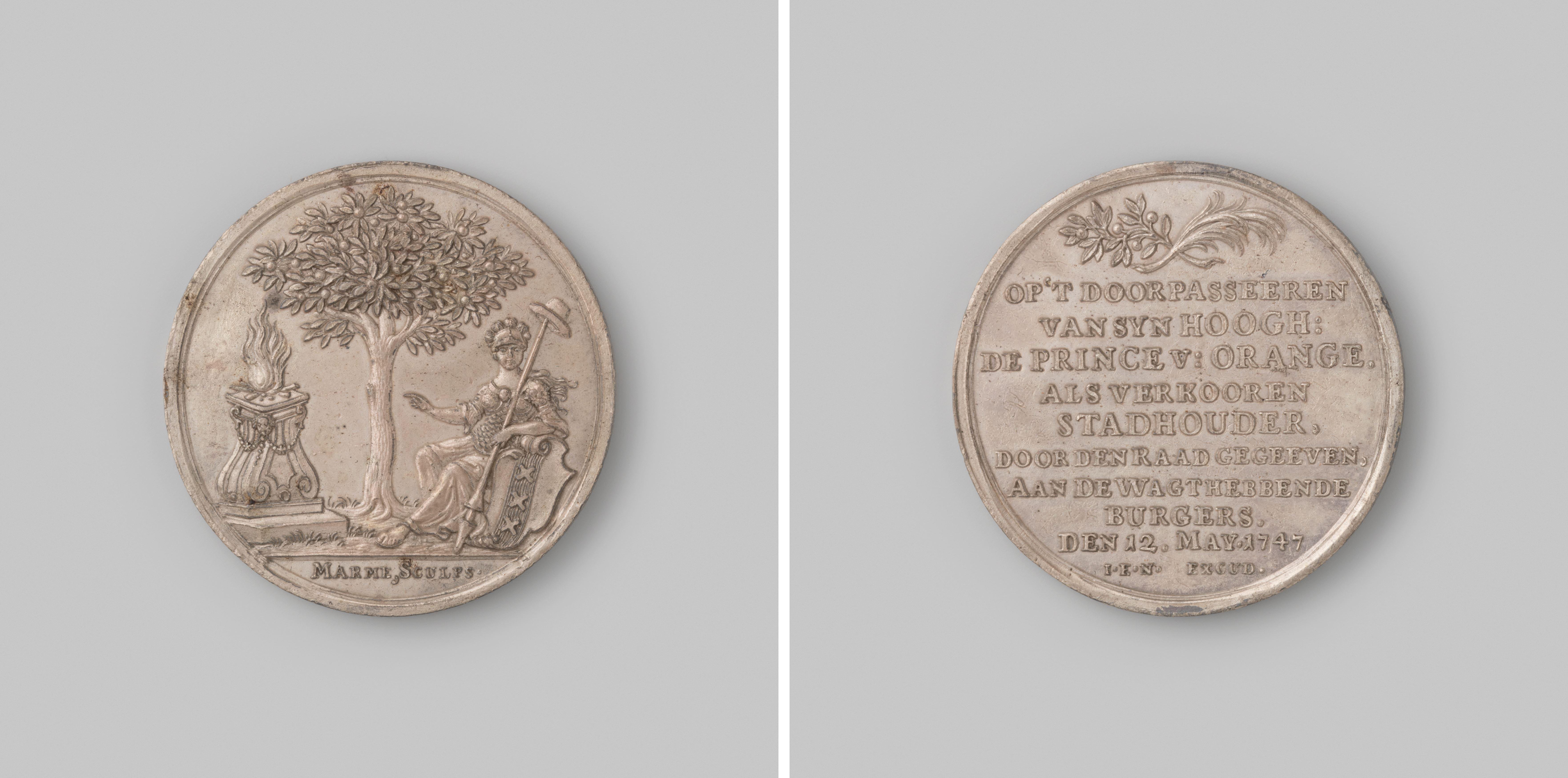 Gedenkpenning vereerd aan de wachthebbende burgers van Amsterdam, ter herinnering aan het verblijf van Prins Willem IV te Amsterdam op 11 en 12 mei