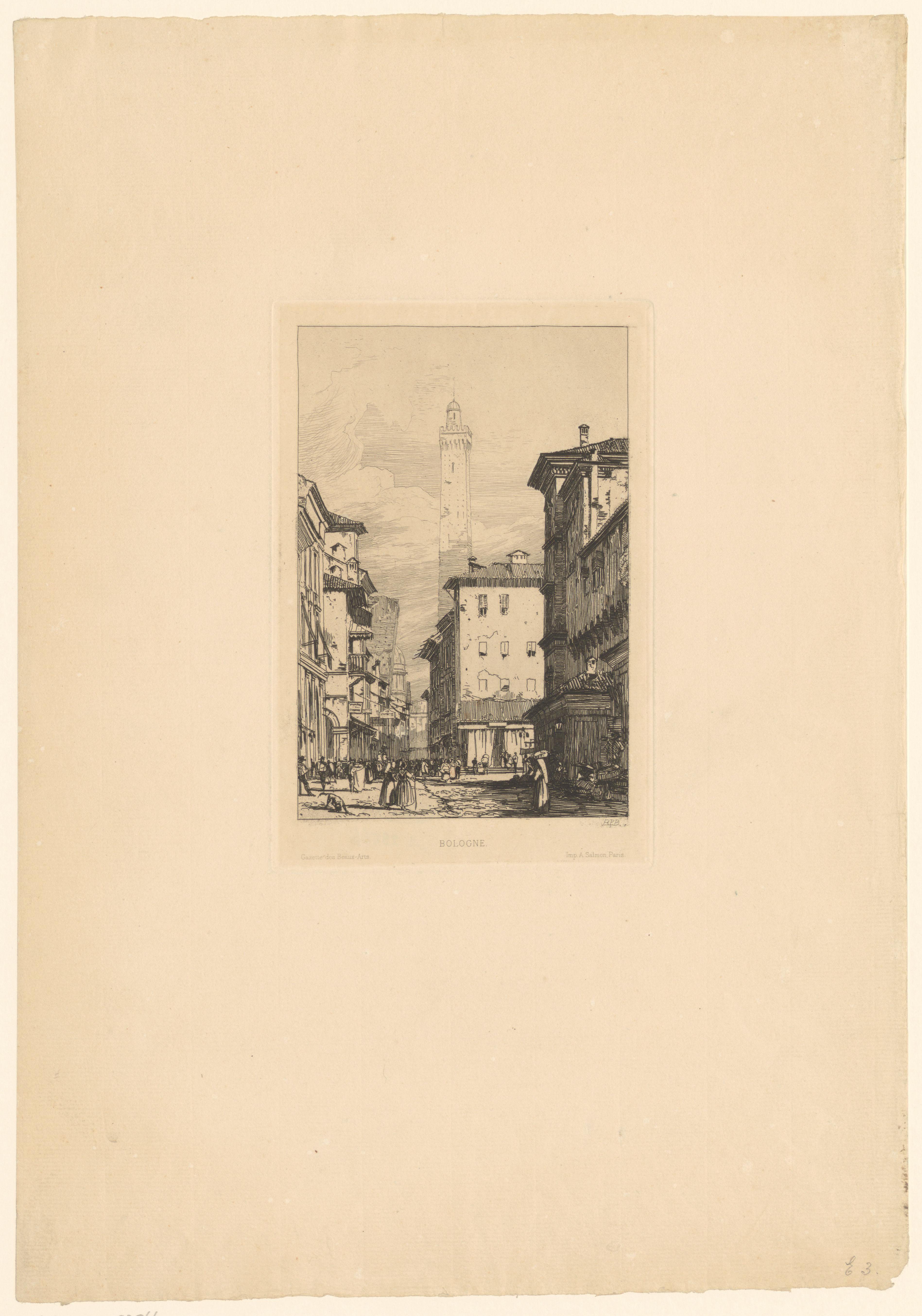 Gezicht op een straat in Bologna met de Torre degli Asinelli