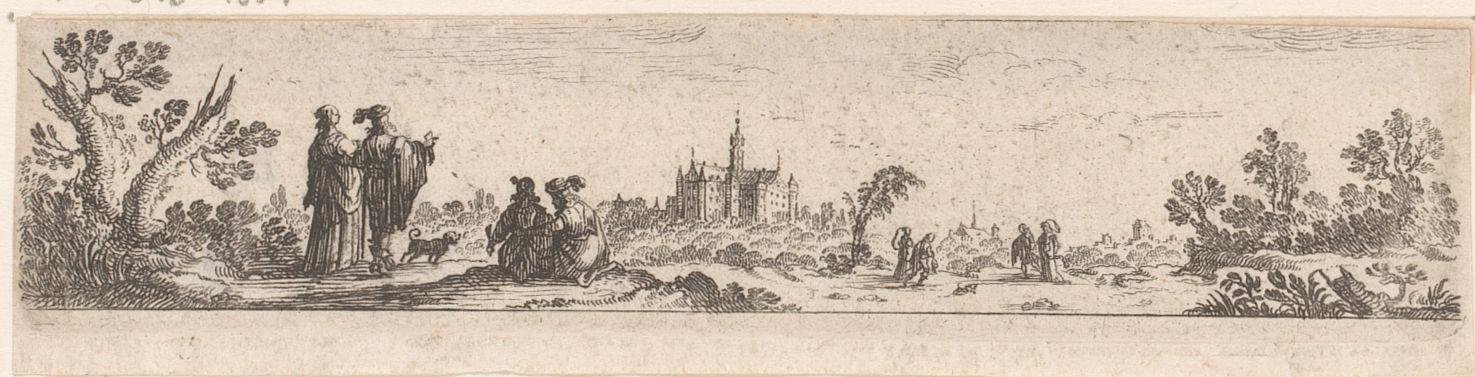 Vignet met wandelaars in een landschap