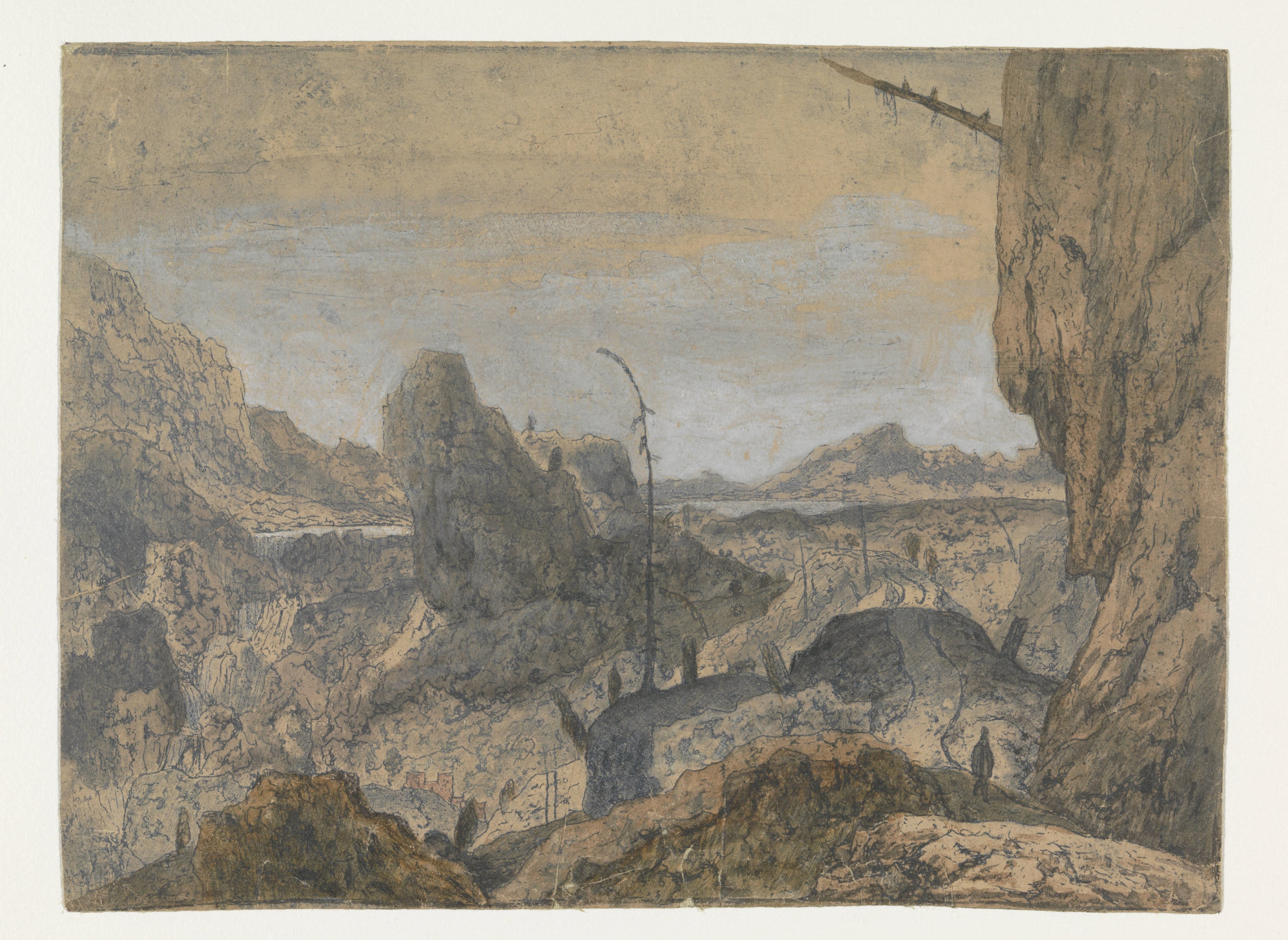 Rocky Landscape with a Man Walking to the Right, First Version