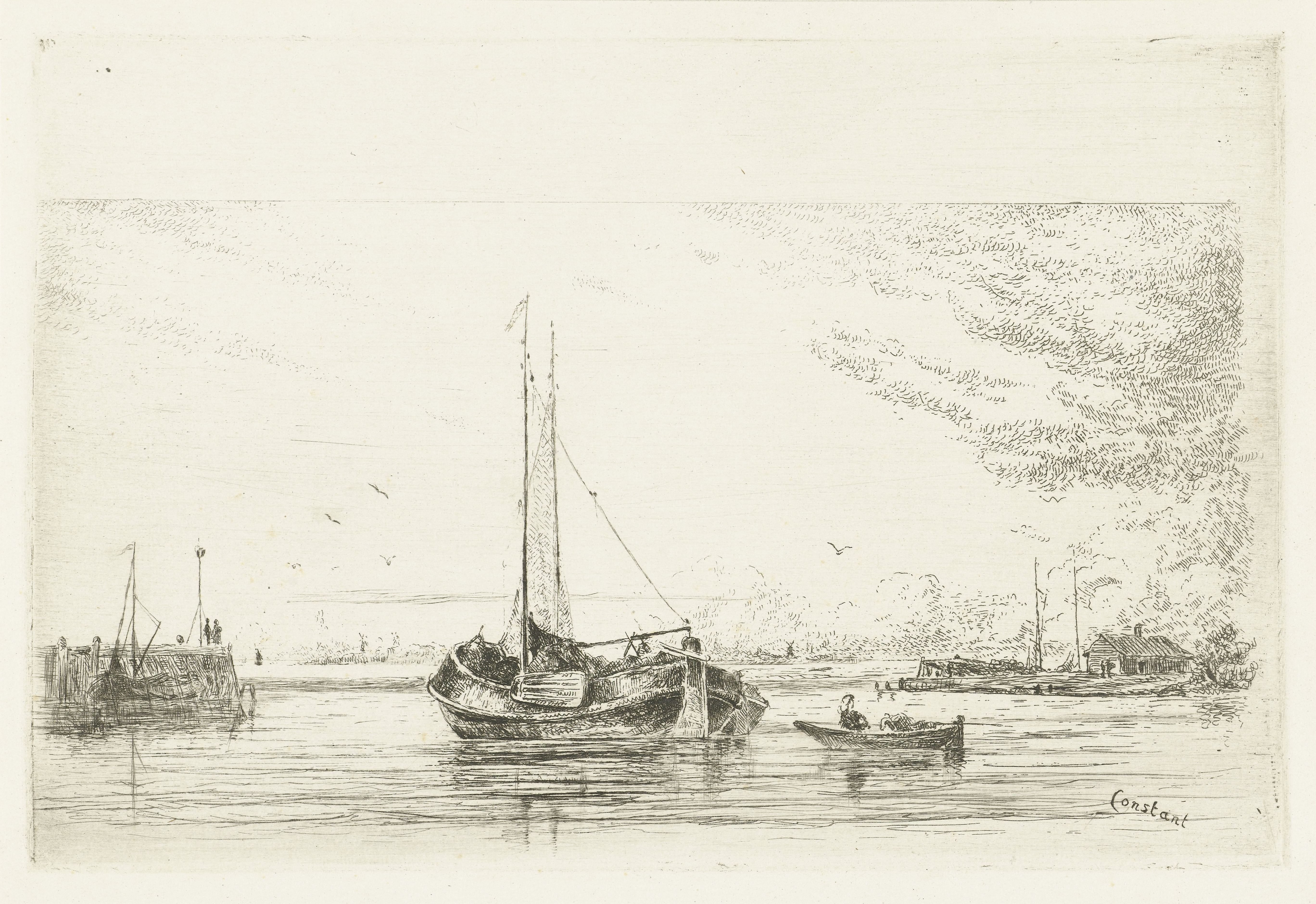 Riviergezicht met schuit en roeiboot