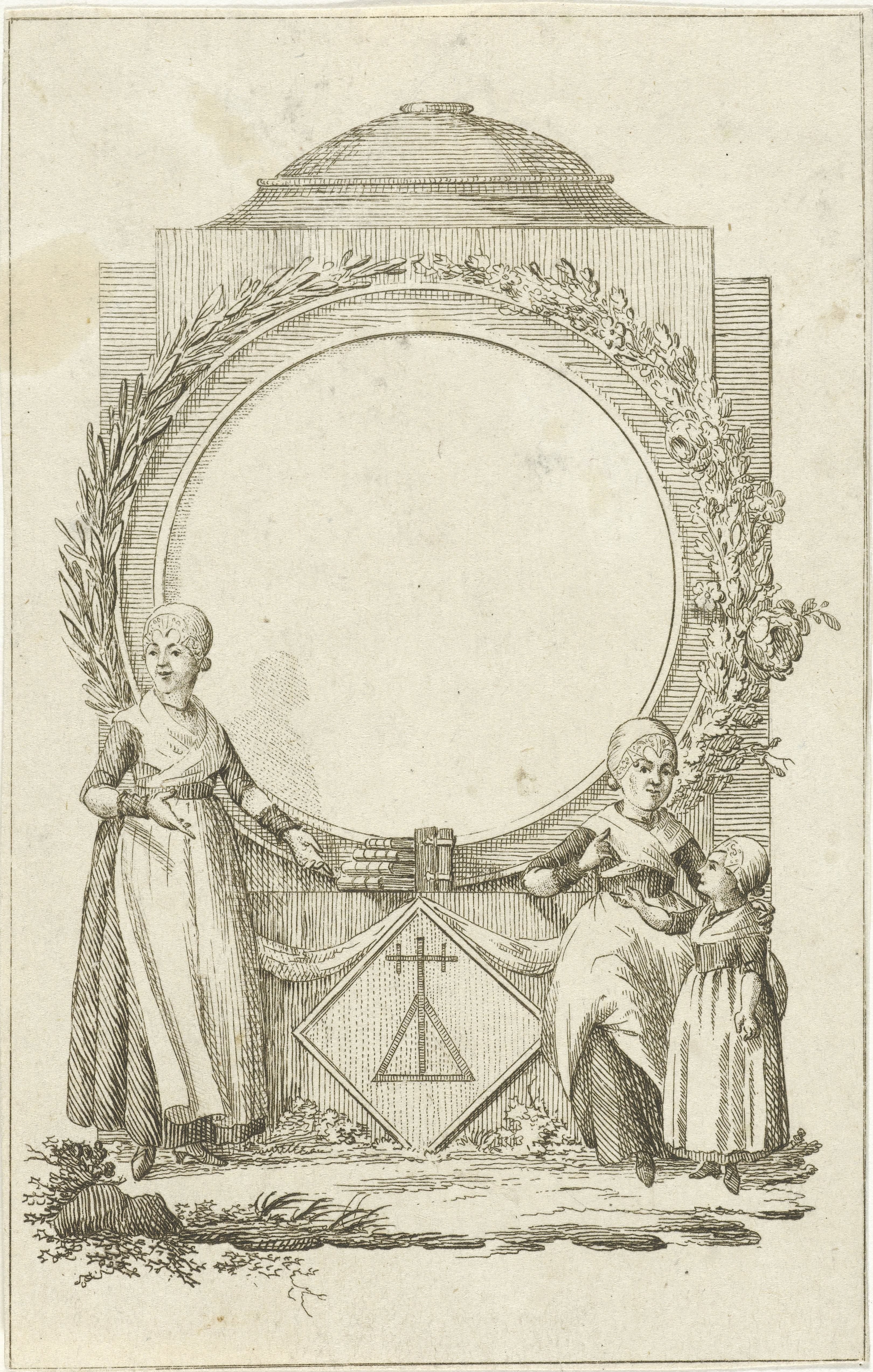Vignet met vrouwen en meisje bij medaillon