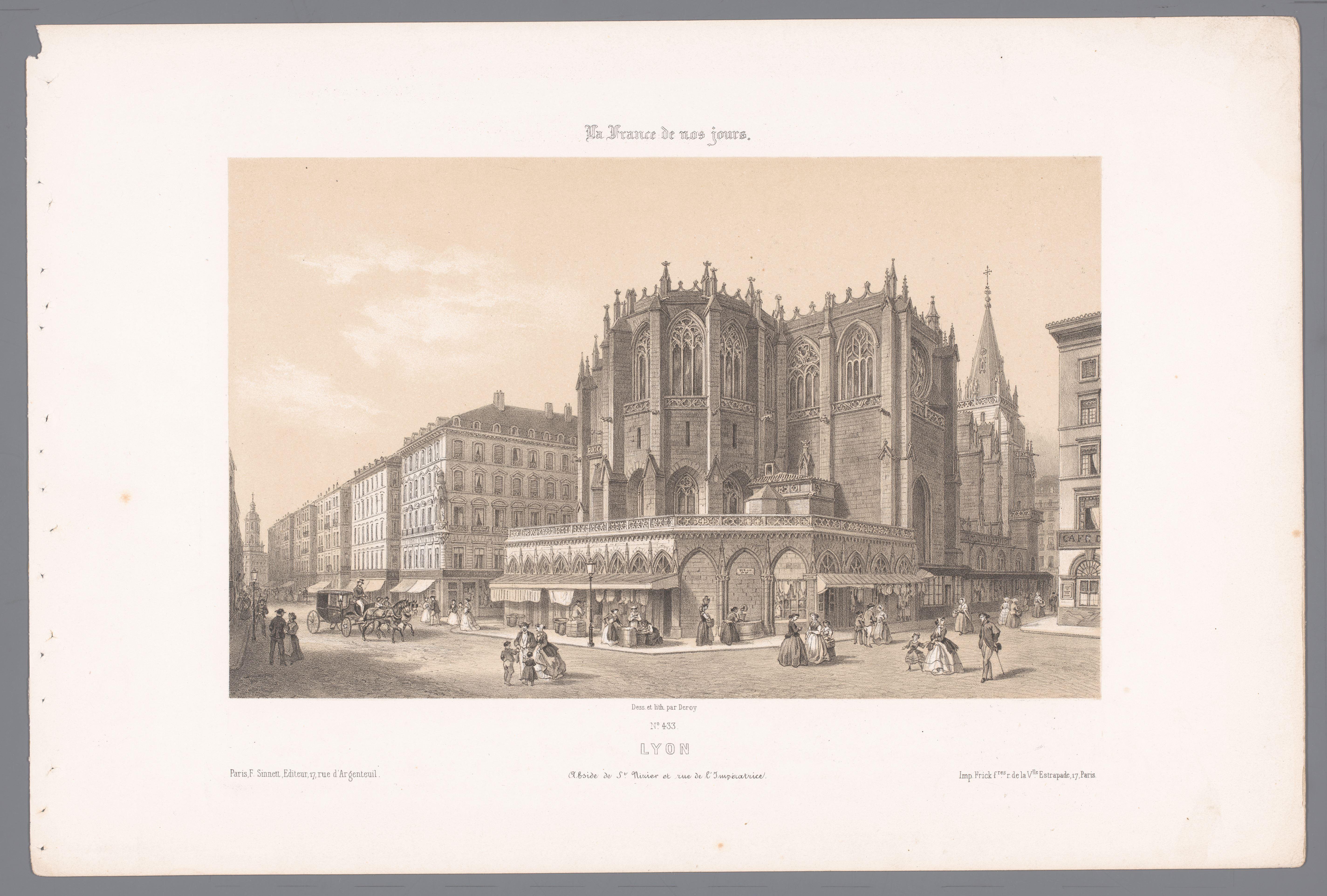 Zicht op de kerk Saint-Nizier en de rue de l'Impératrice te Lyon