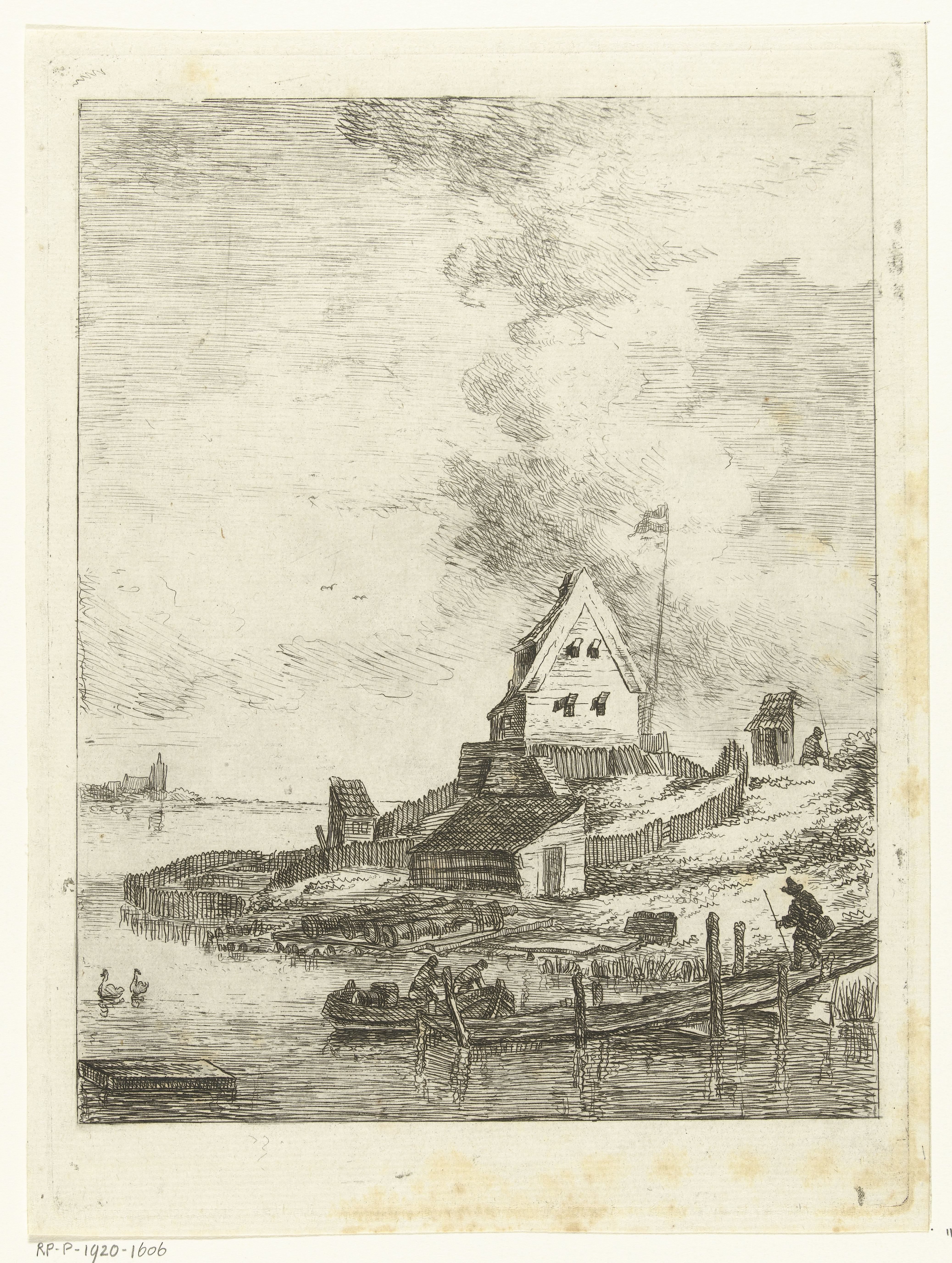 Landschap met huis en steiger aan rivier