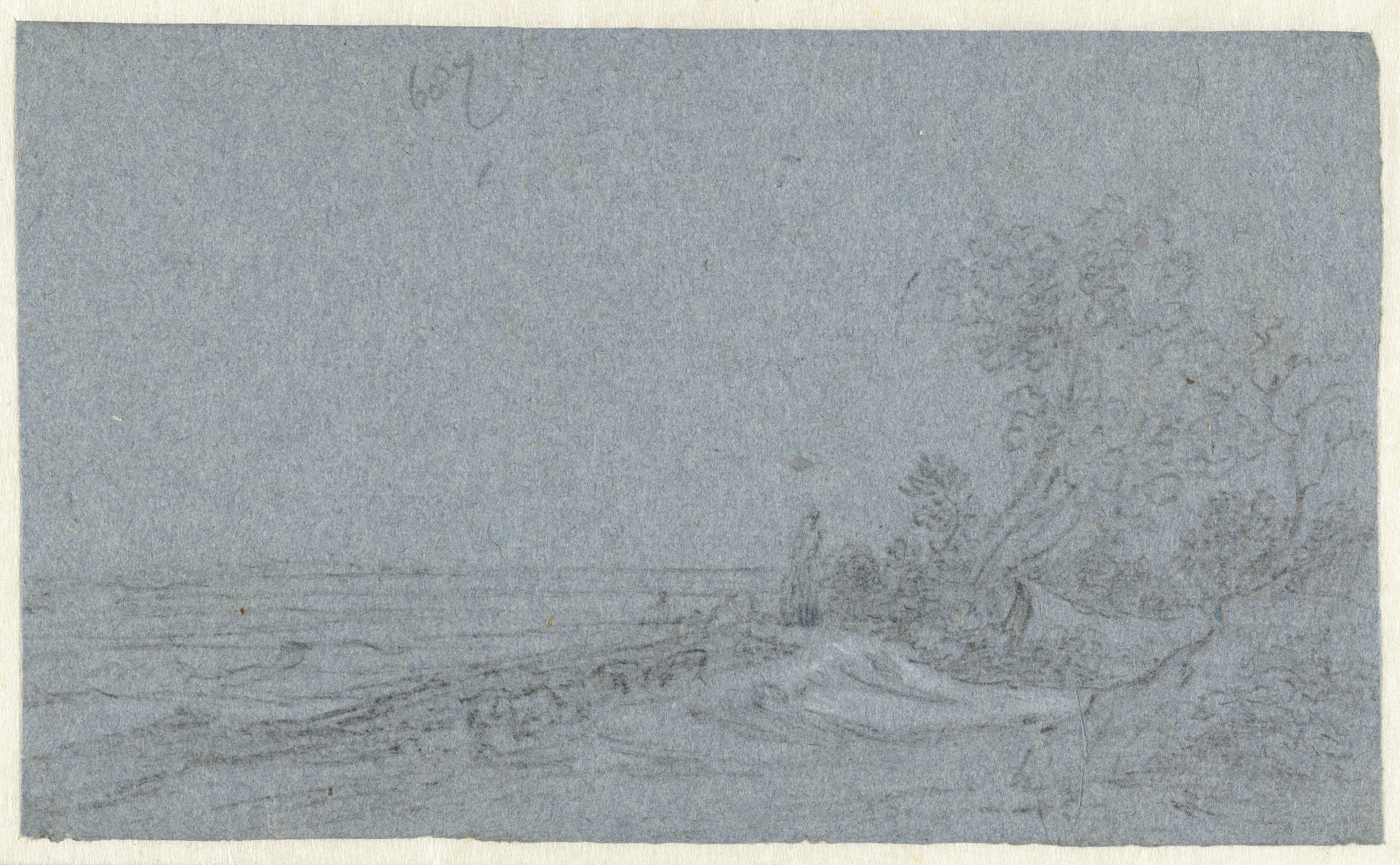 Vlak landschap met rechts een boomgroep