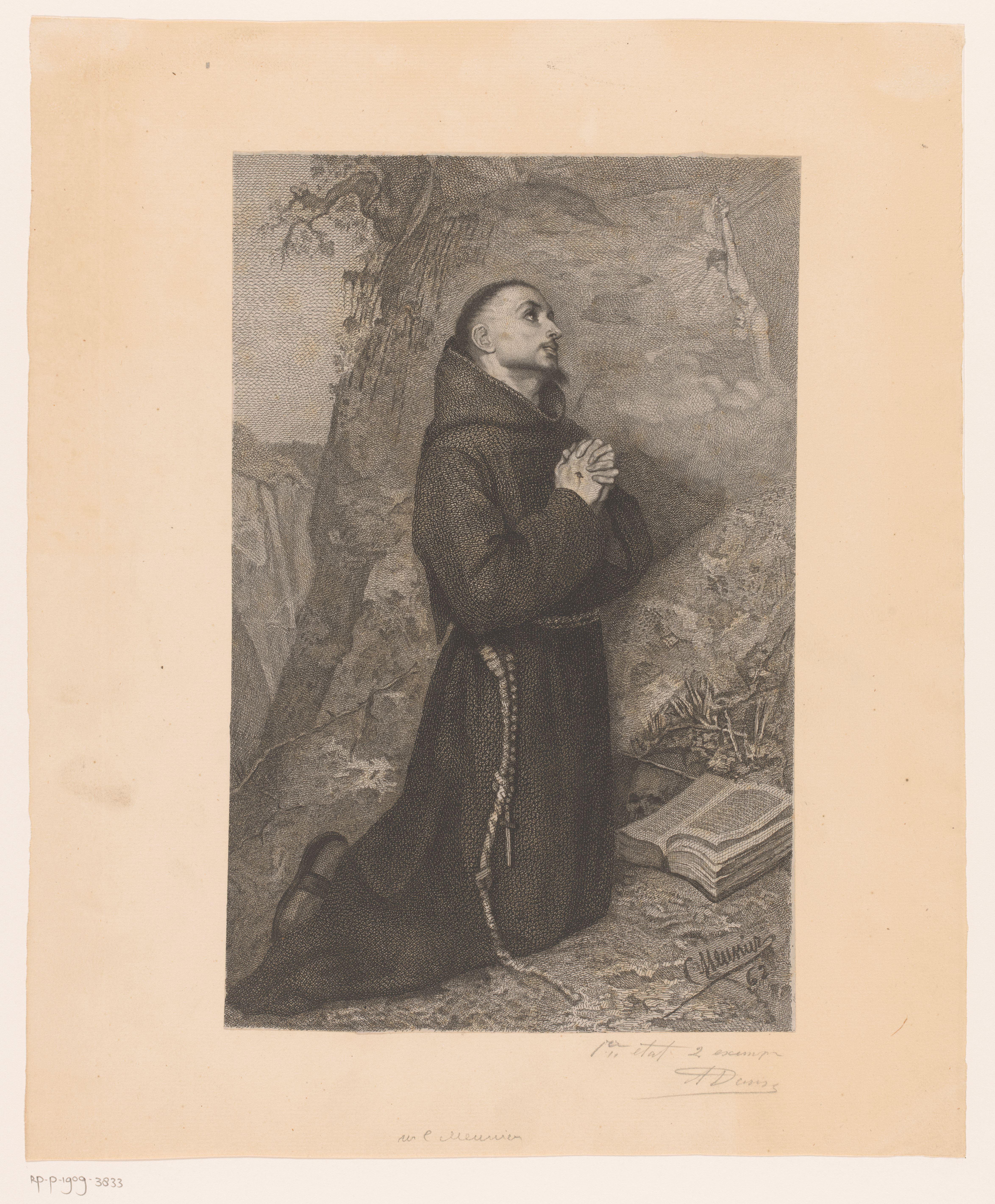 Biddende Franciscus van Assisi met een open bijbel en crucifix