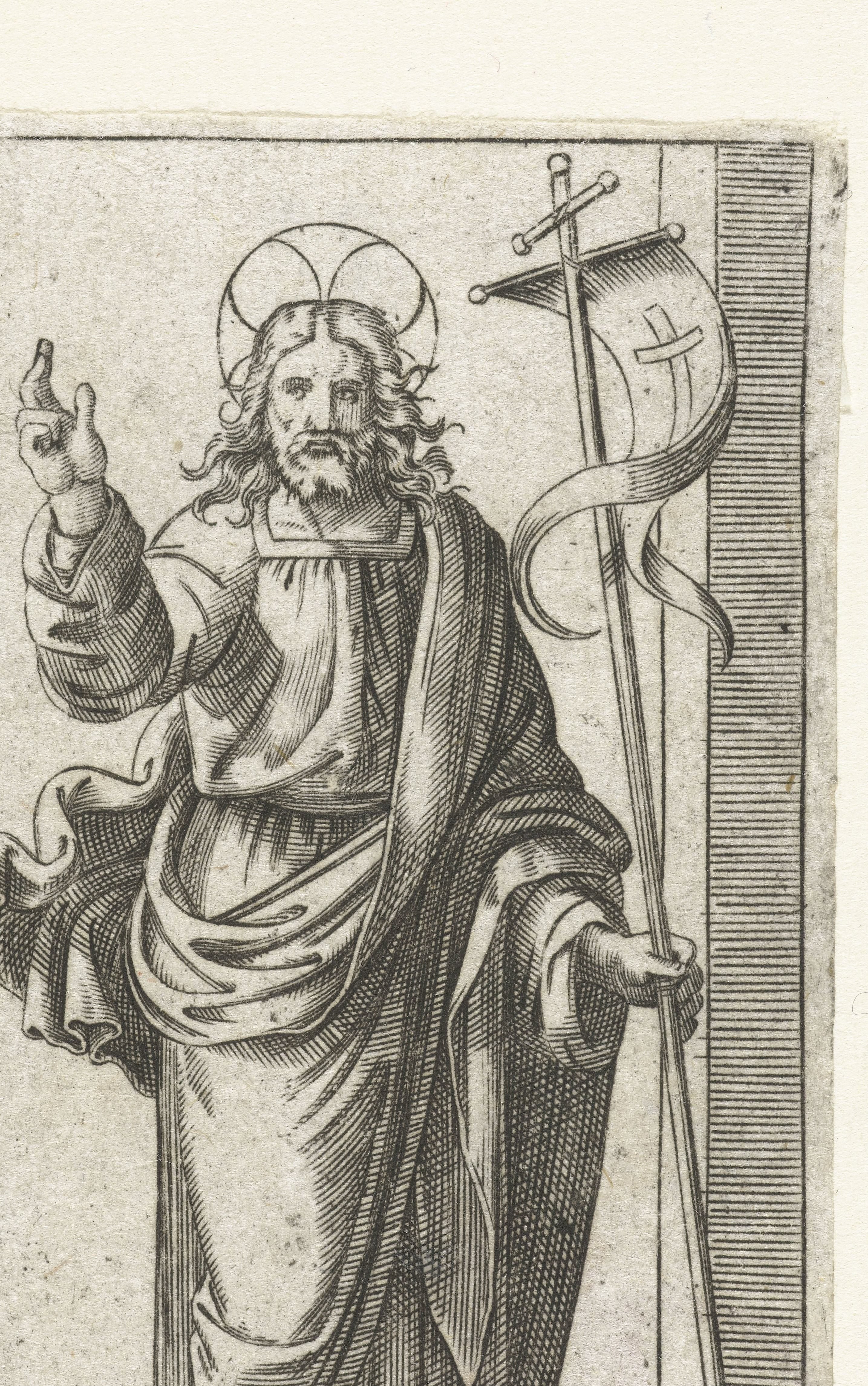 Christus met kruisvaandel maakt zegenend gebaar