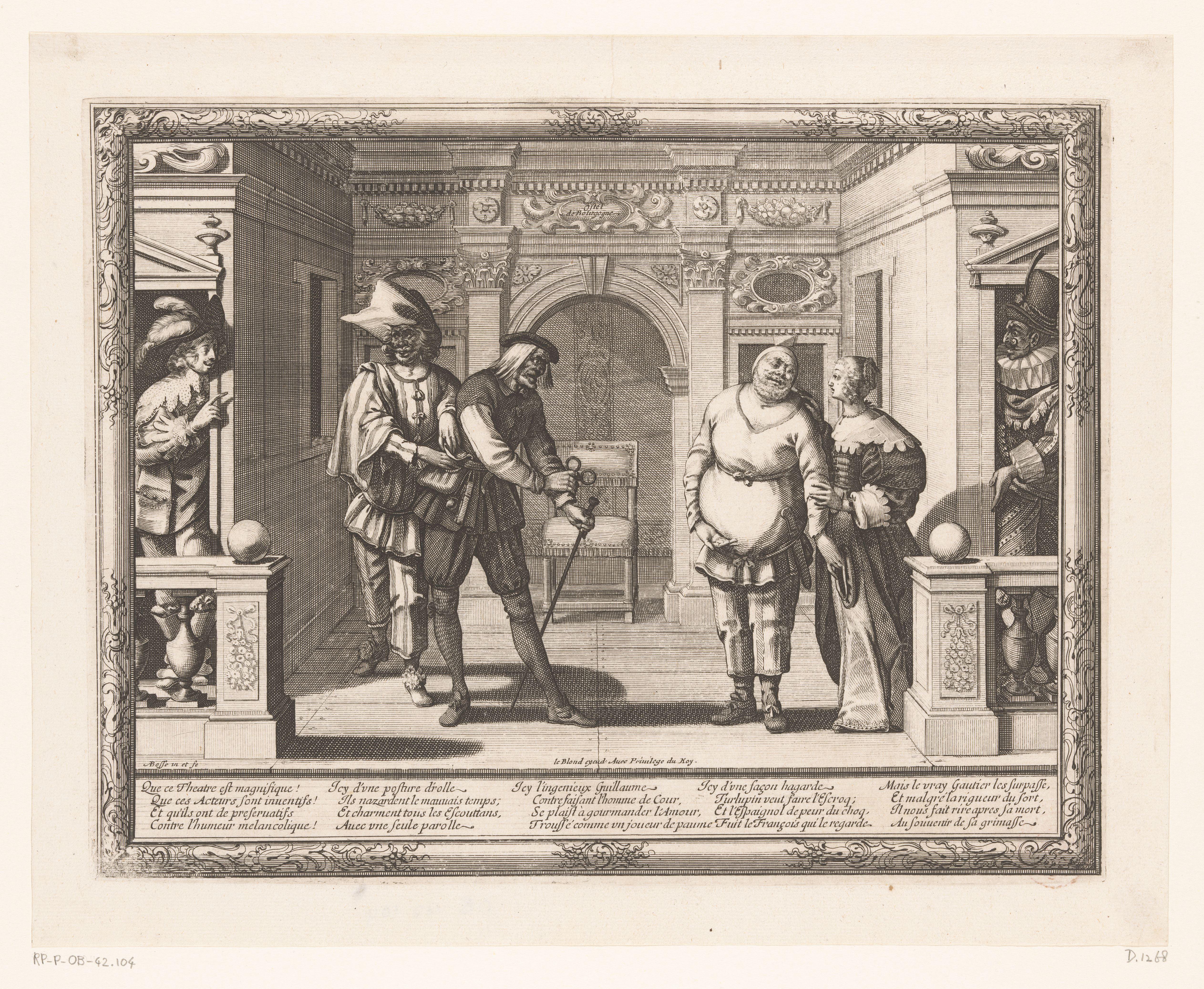 Drie acteurs in het theater van l'Hôtel de Bourgogne