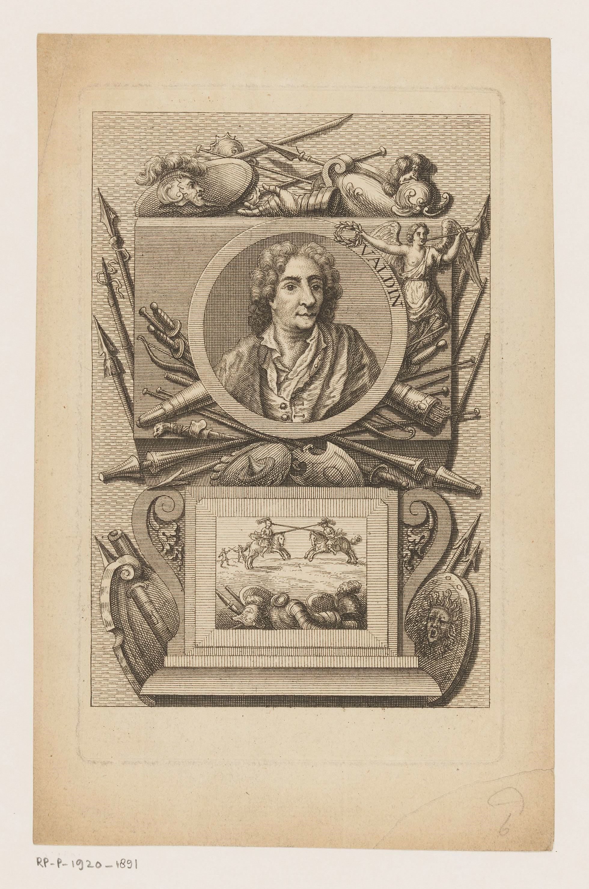 Portret van een onbekende man, mogelijk Valdin, in een cartouche met wapens