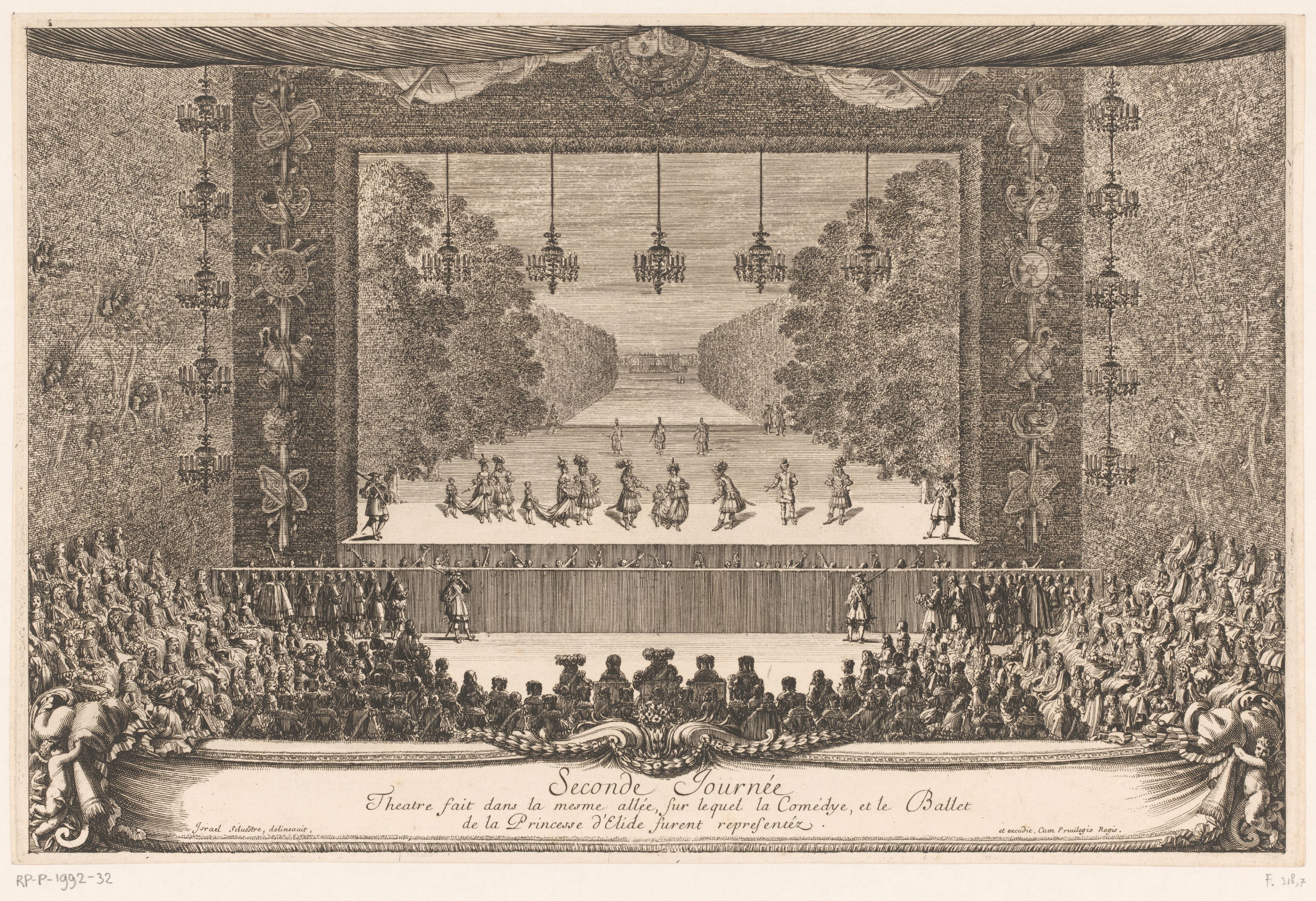 Koning Lodewijk XIV en zijn gezelschap in een theater in Versailles