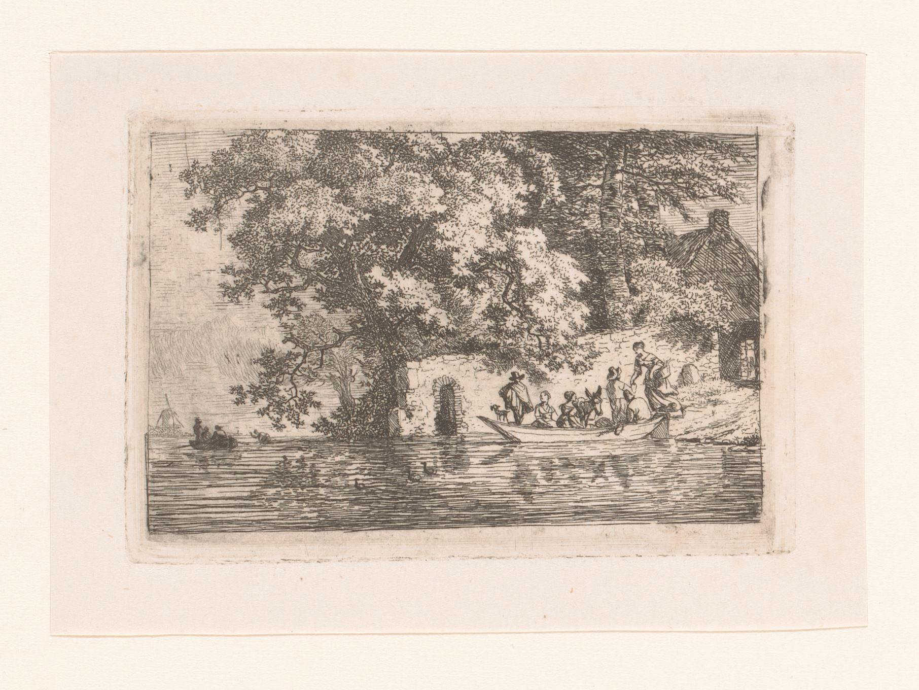 Landschap met figuren en een ezel in een boot op het water