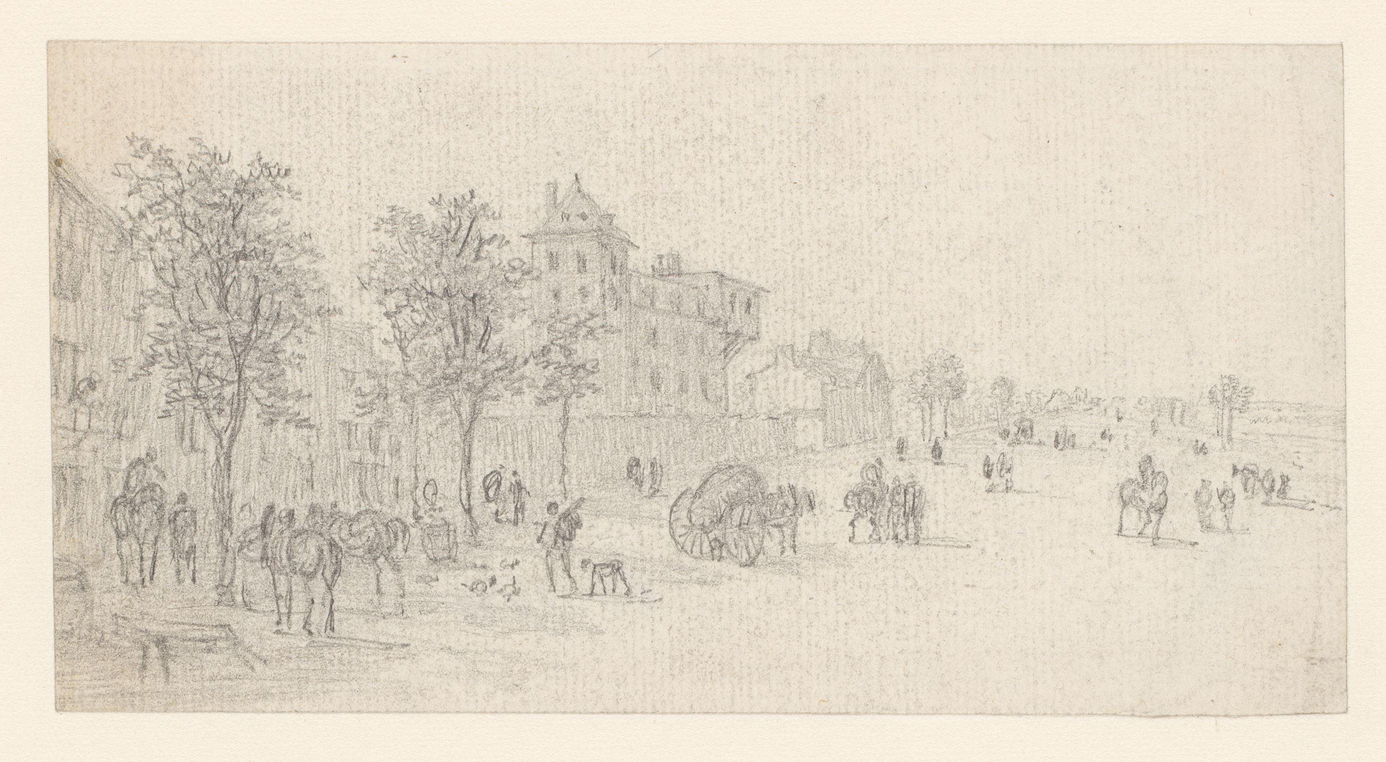 Pleisterplaats aan de rand van de stad, links twee afgespannen paarden