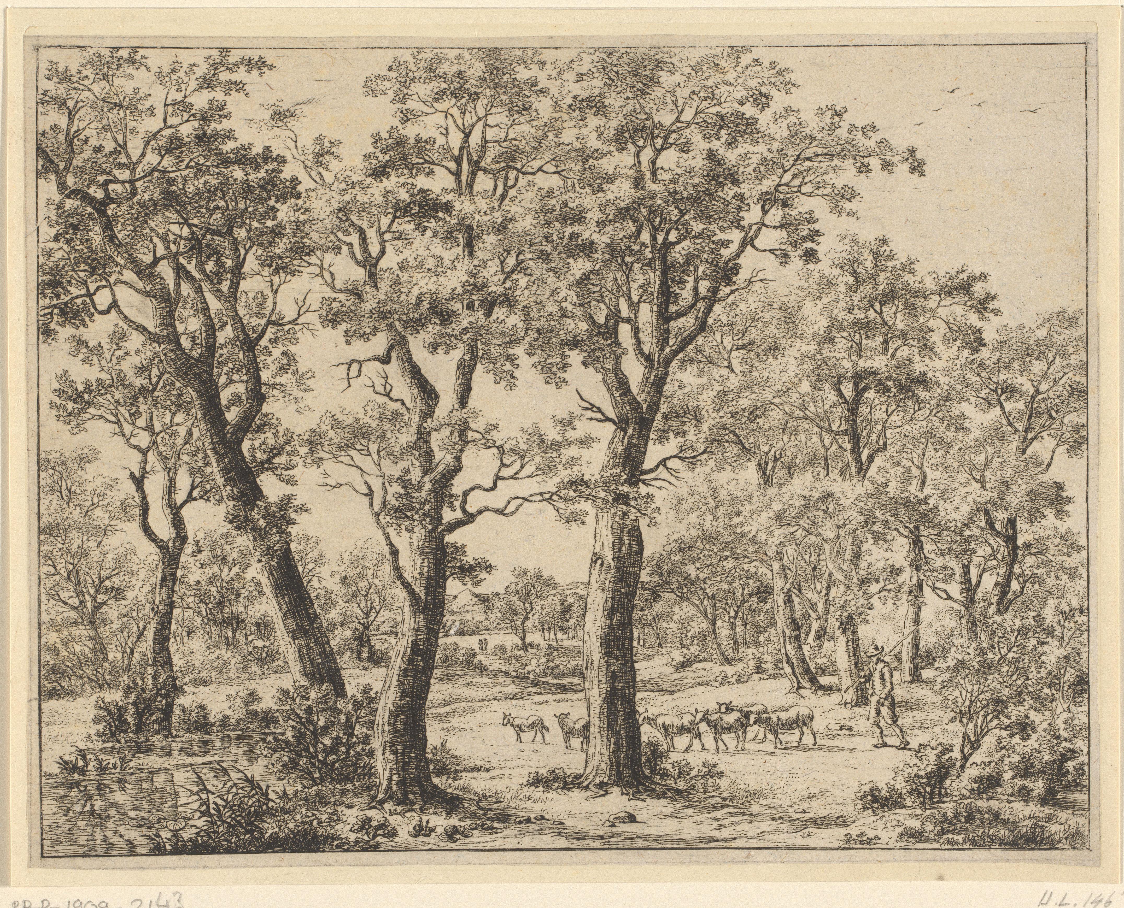 Landschap met herder en schapen bij een water