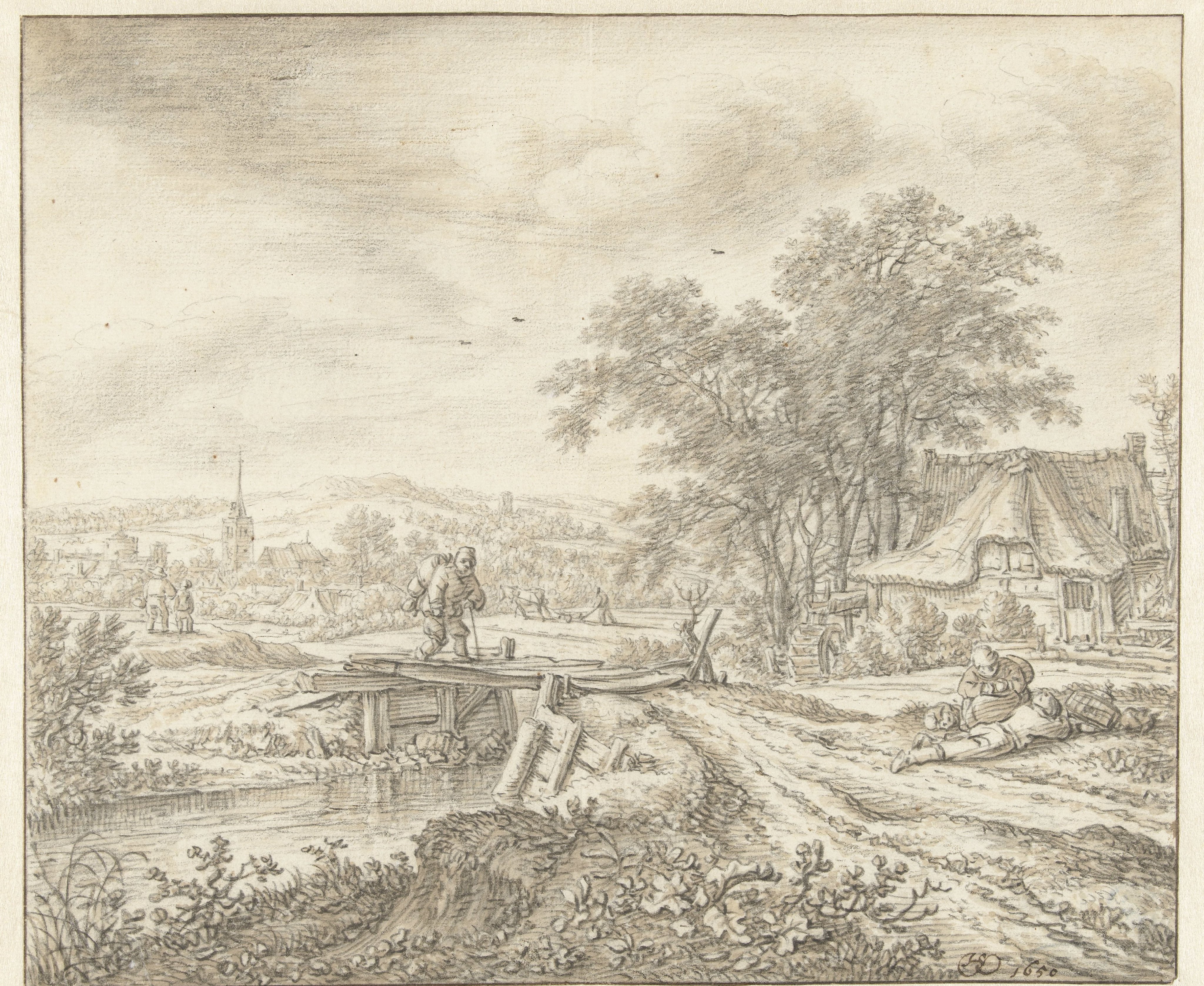 Heuvellandschap met een boerderij bij een bruggetje