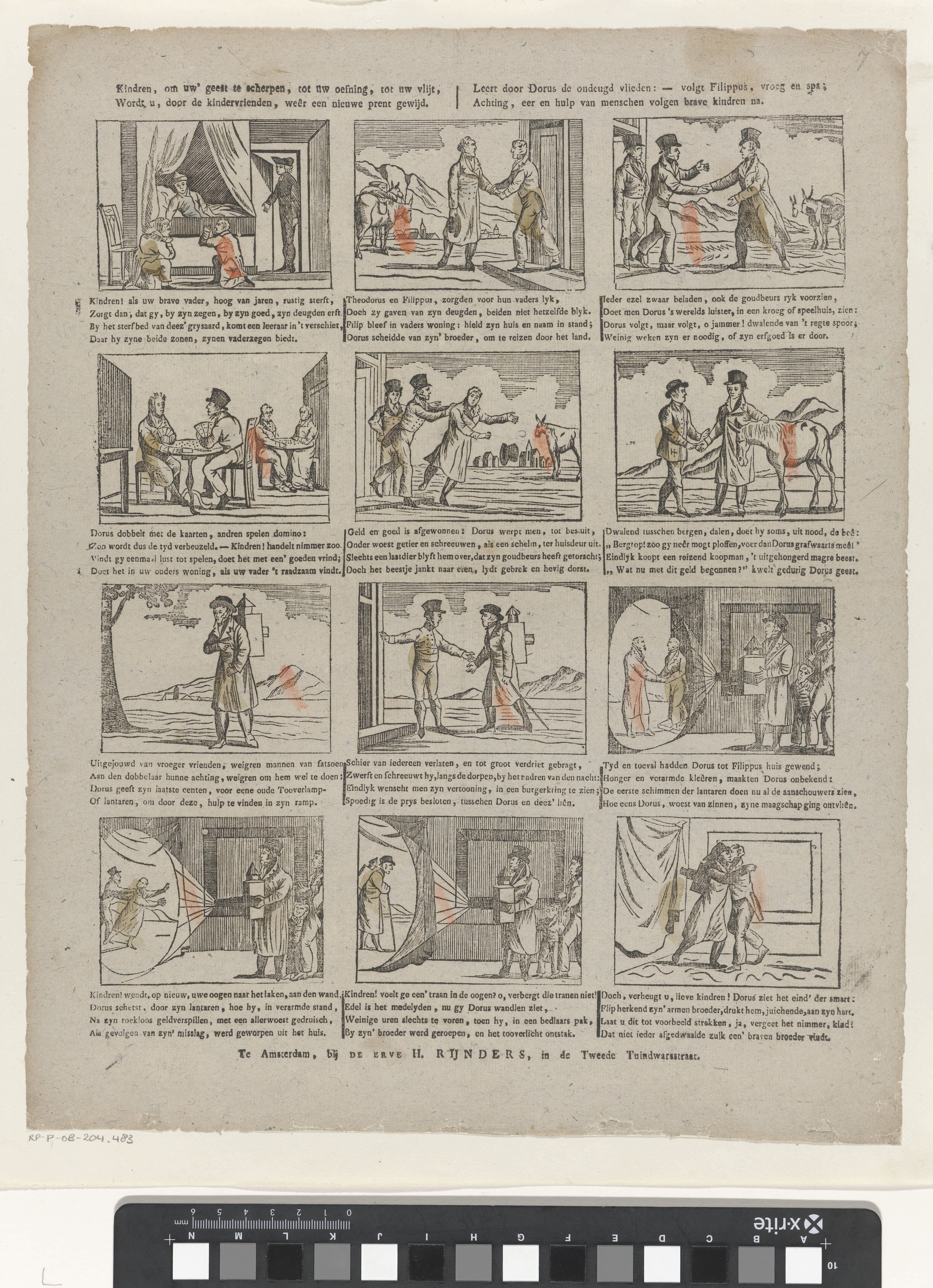 Kindren, om uw' geest te scherpen, tot uw oefning, tot uw vlijt, / Wordt u, door de kindervrienden, weêr een nieuwe prent gewijd / Leert door Dorus de ondeugd vlieden: - volgt Filippus, vroeg en sla; / Achting, eer en hulp van menschen volgen brave kindren na