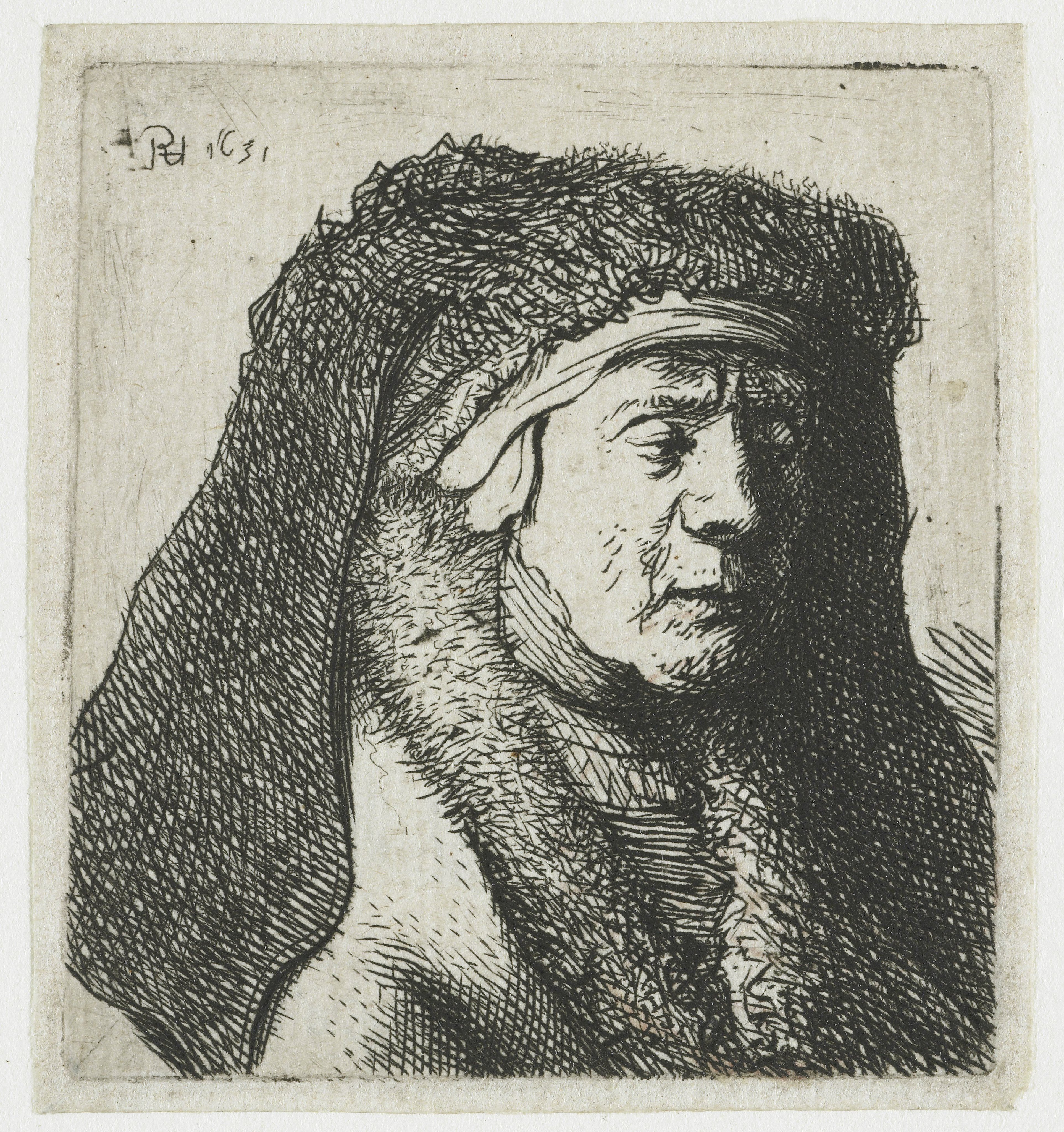 Bust of an old woman in a furred cloak and heavy headdress