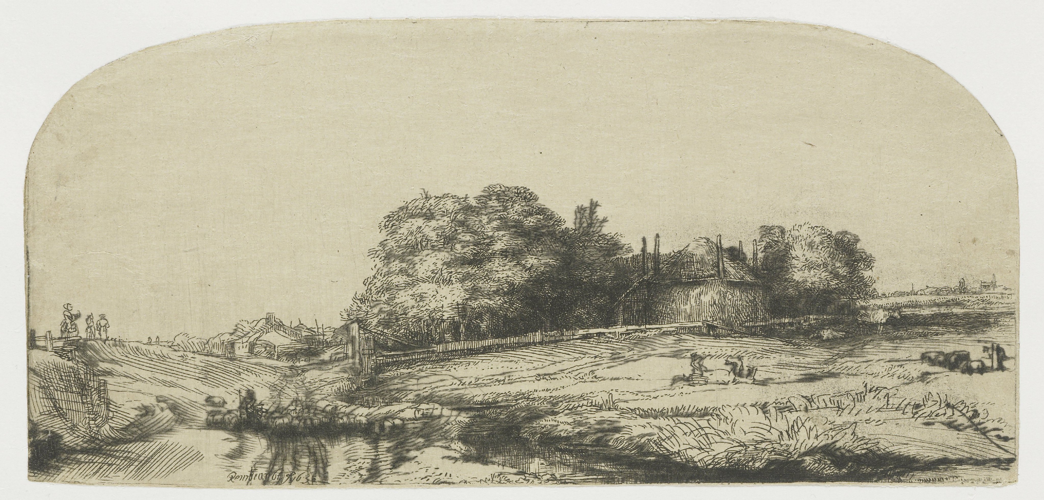 Cottages and a hay barn on the Diemerdijk with a flock of sheep